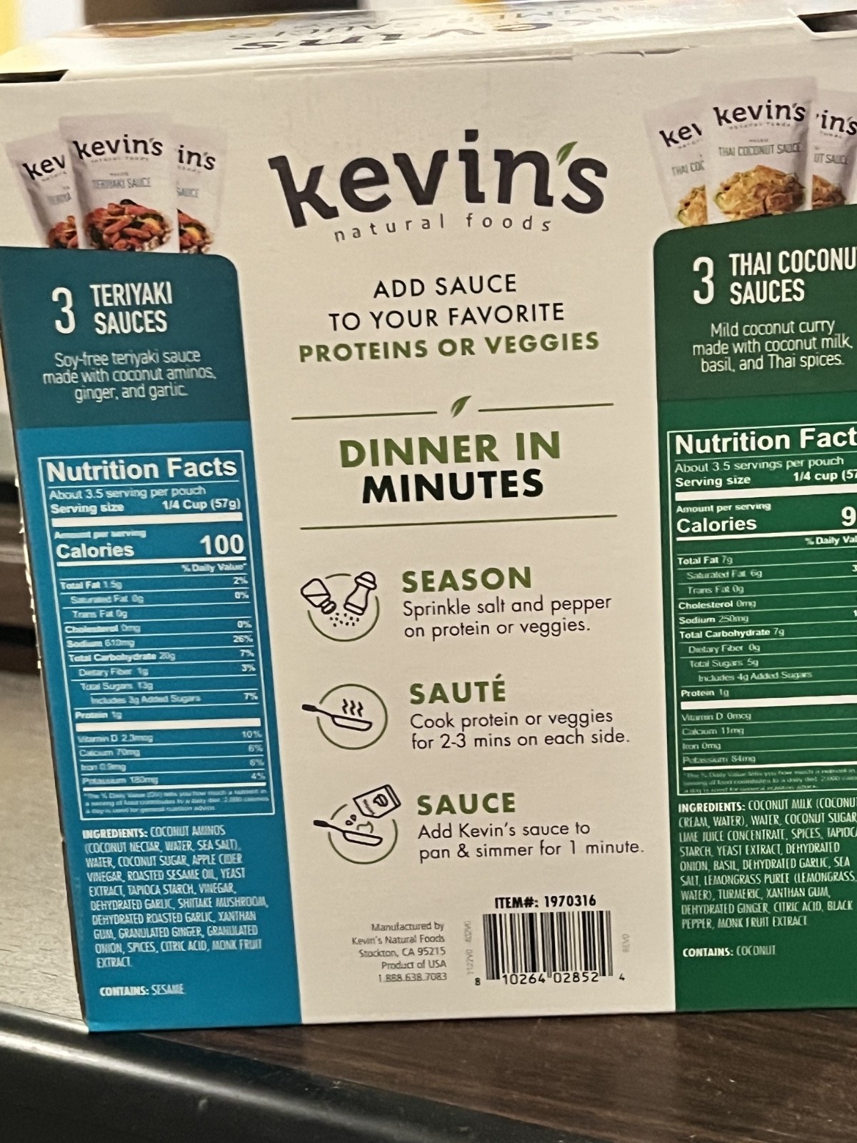 Kevin’s Natural Food Teriyaki Thai Coconut Sauce 6 x 7 Ounce Pouch