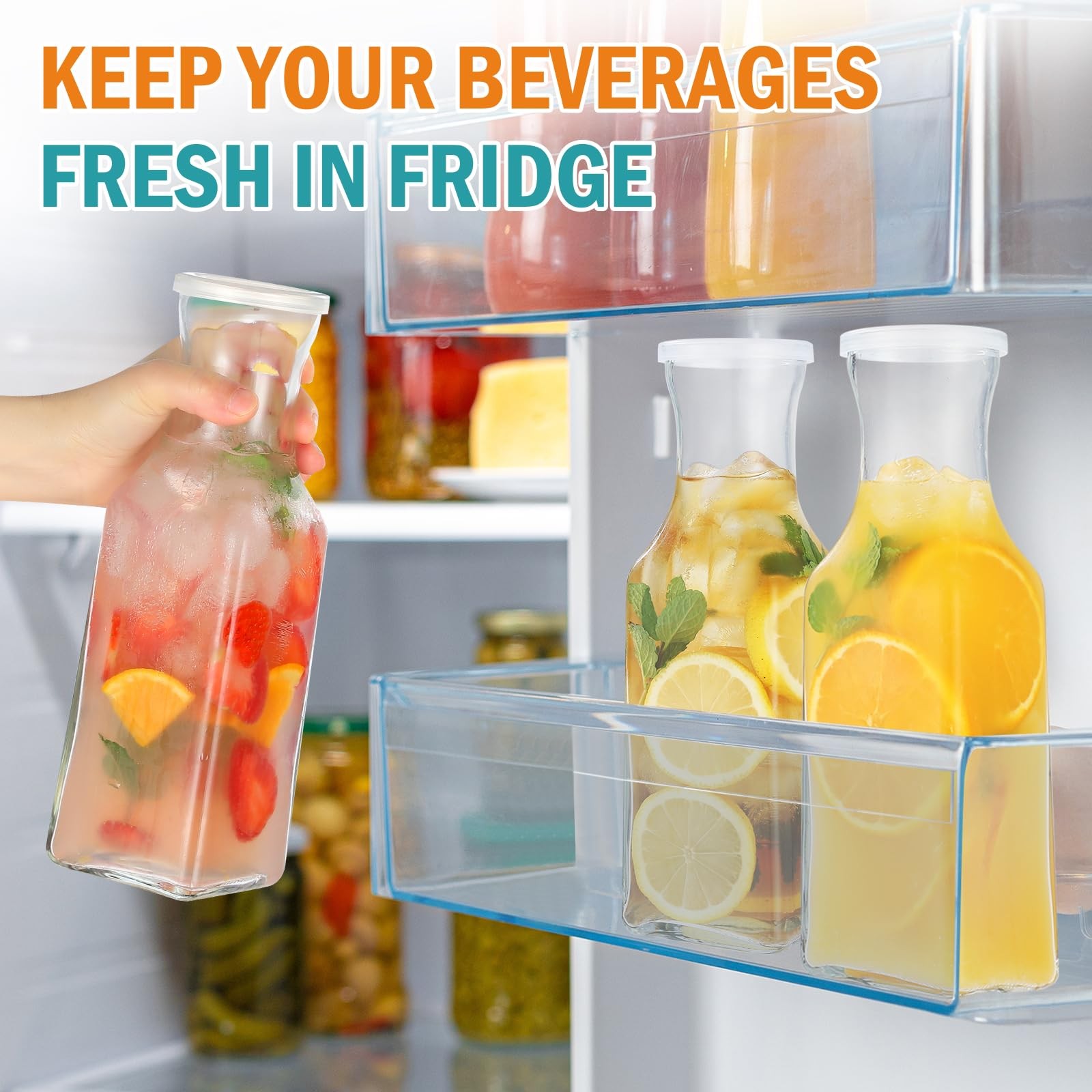 Glass Carafe with Lid, 4Pcs Square Glass Juice Containers 1 Liter Clear BPA Free