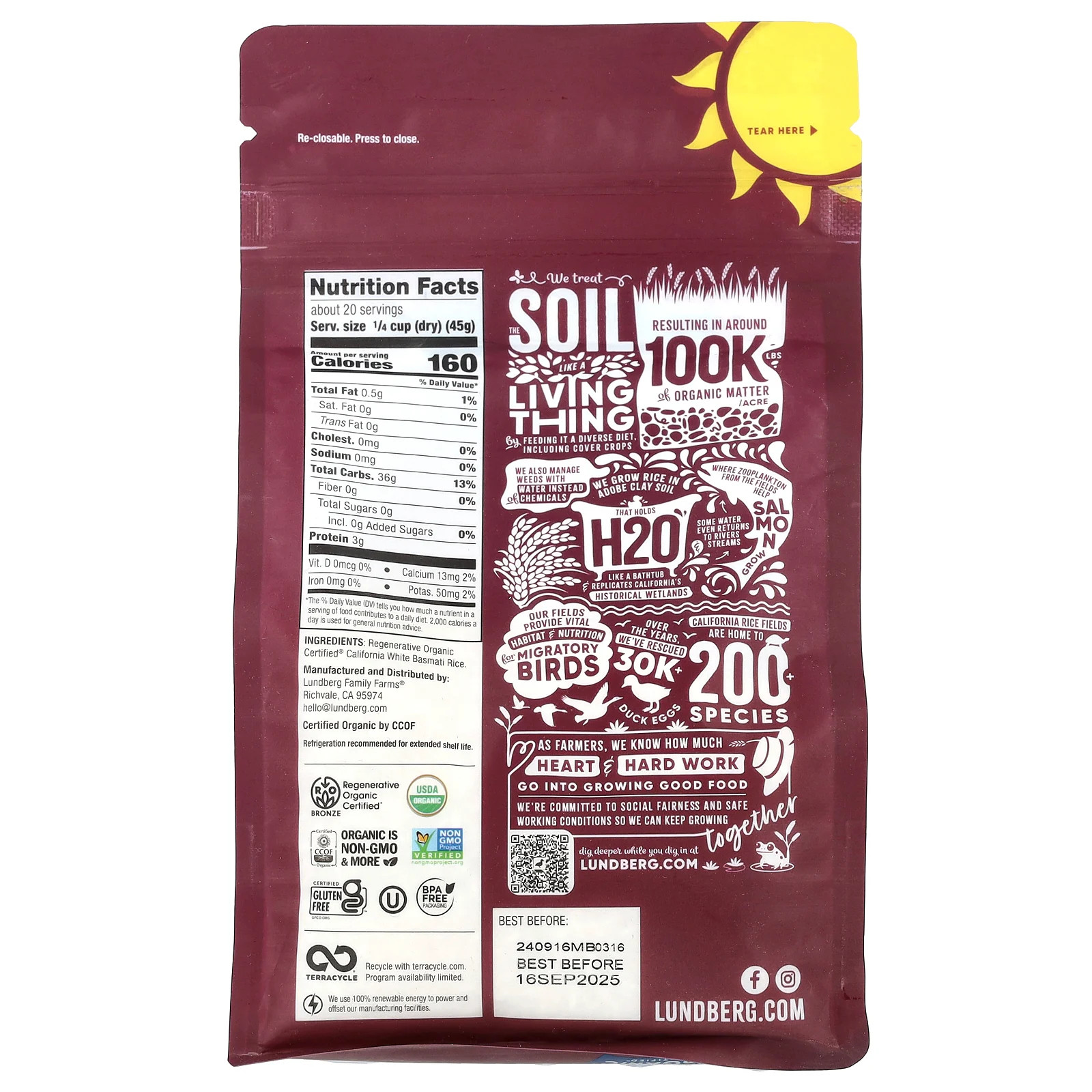 Lundberg Organic California White Basmati Rice 32 oz 907 g BPA-Free,