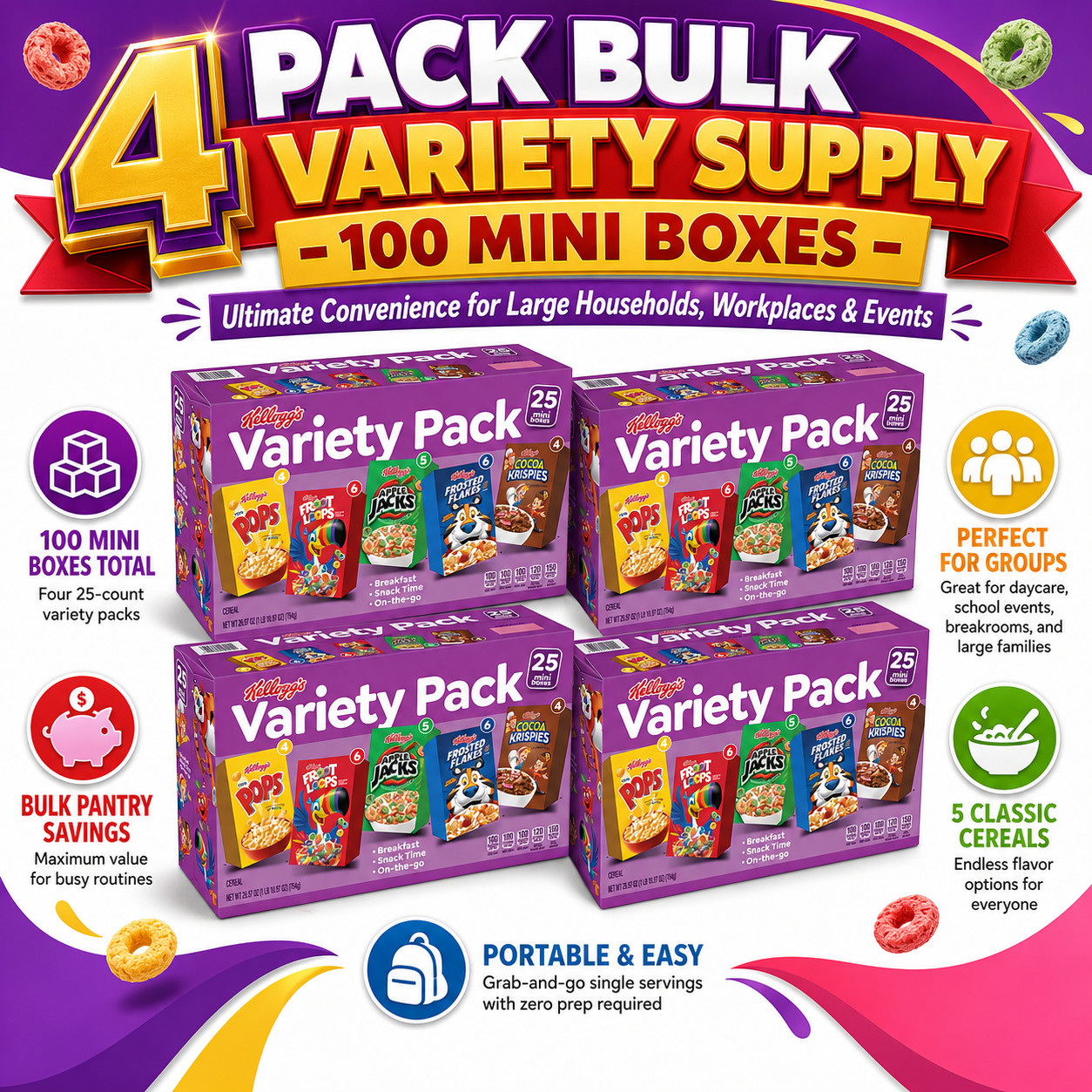 4-Pack Kellogg’s Cereal Mini Boxes, Variety Pack, 25-count