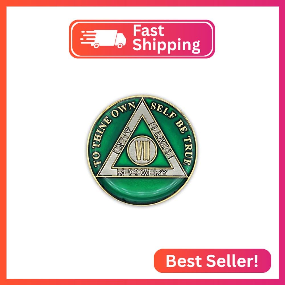 7 Year Sobriety Coin | Triplate AA Chip Recovery Anniversary Token (Green)