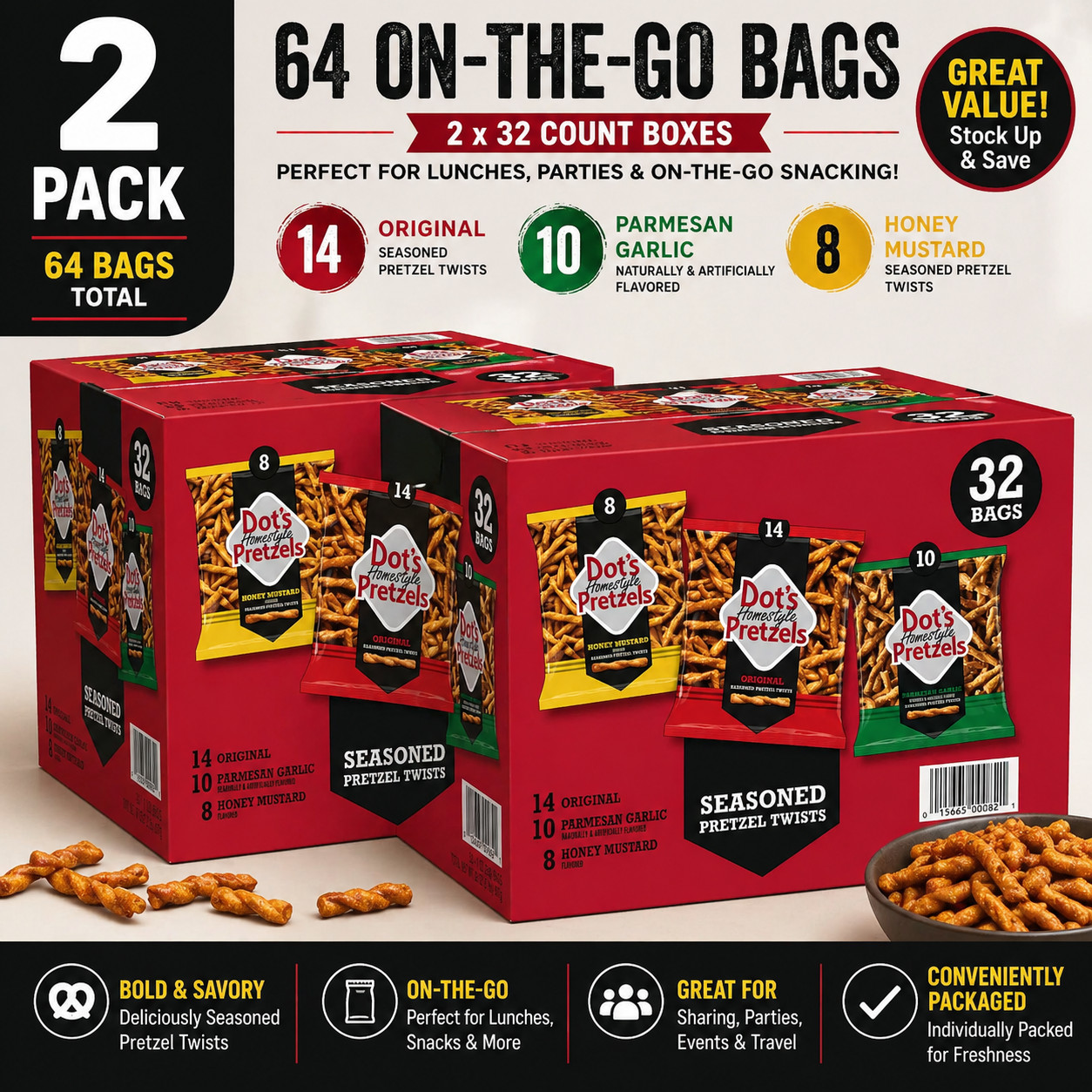 2-Pack Dot’s Homestyle Seasoned Pretzel Twists, Variety Pack, 1 oz, 32-count