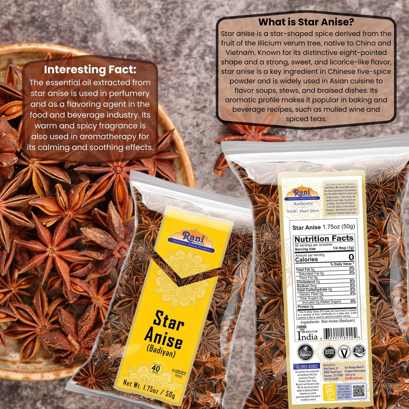 Rani Star Anise Seeds, Whole Pods (Badian Khatai) Spice 1.75oz (50g)