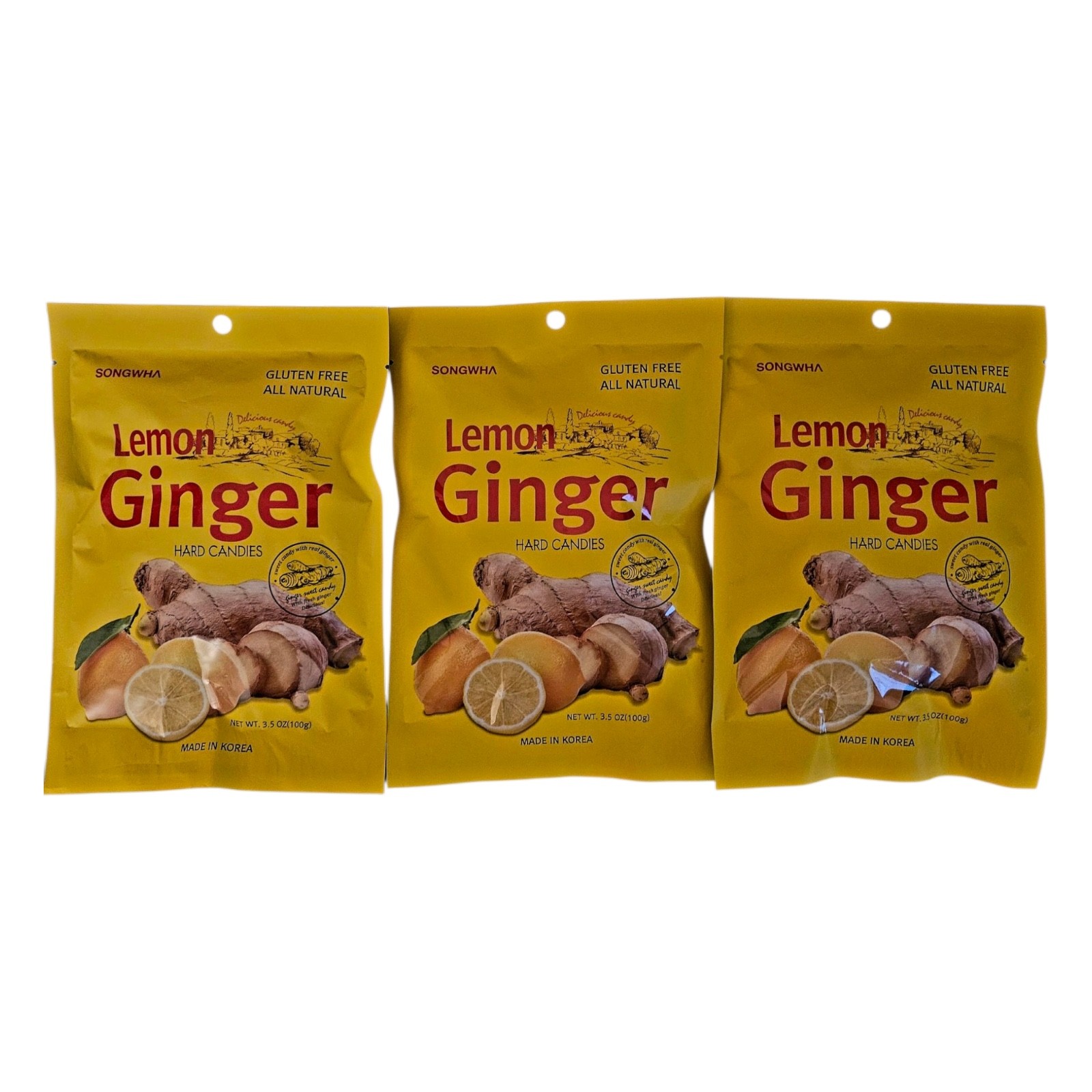 Songwha Lemon Ginger Hard Candies, 3.5 oz, All Natural & Gluten Free – Pack of 3