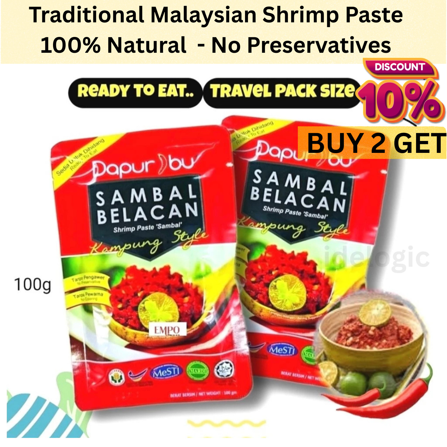 Belacan Shrimp Paste Authentic Malaysian Natural Fermented Prawn Sambal 100g x 2
