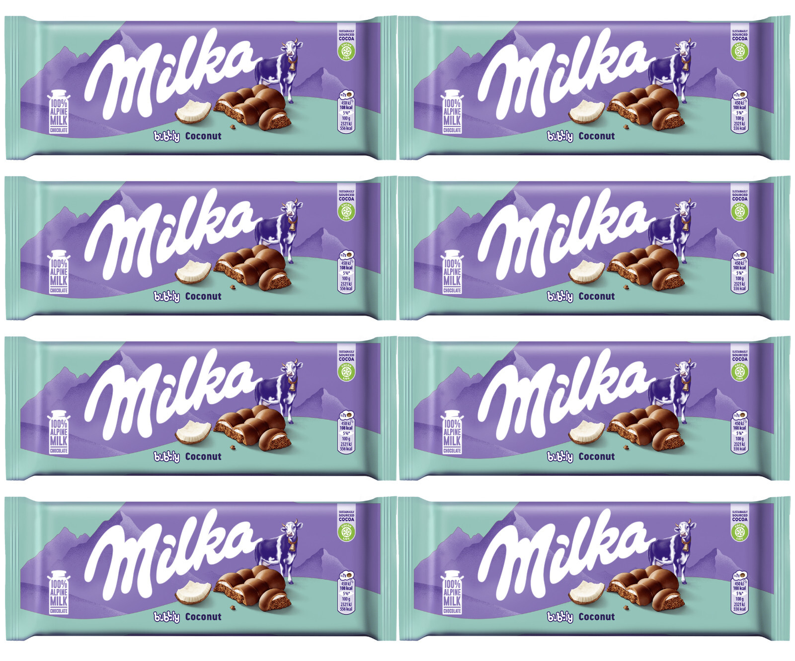 8 MILKA BUBBLY COCONUT Alpine Milk Chocolate Bar European Sweets 97g 3.42oz