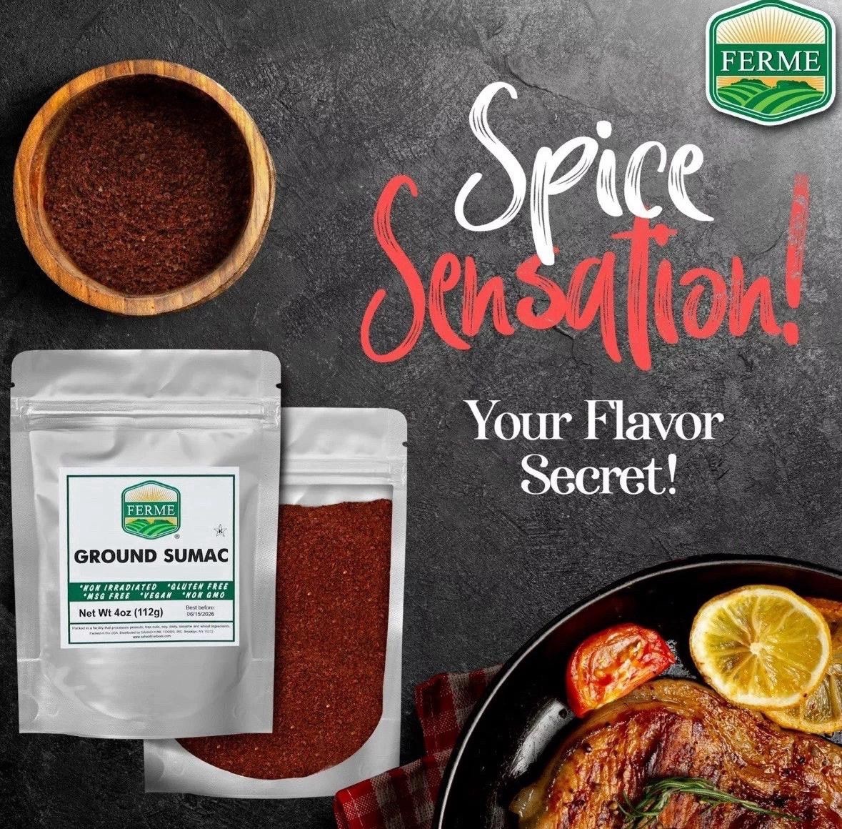 Pure 100% Ground Sumac Spice, No Salt, No GMO, Sumac Seasoning 4 Ounce