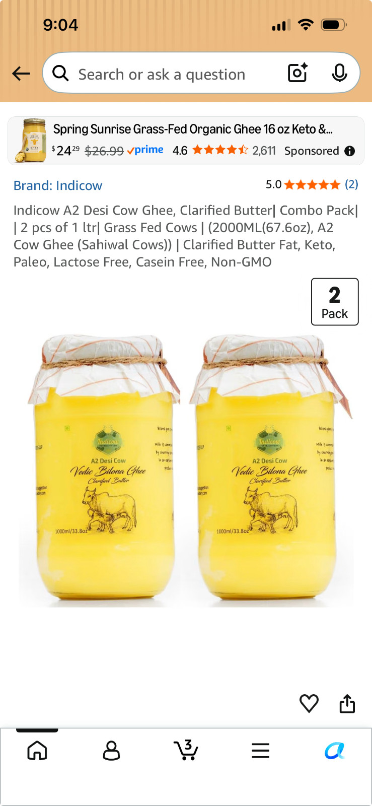 Indicow A2 Desi Cow Ghee Clarified Butter 2 Pack 1 liter each