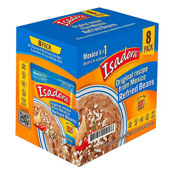 Isadora Refried Original Beans 15.2 oz 8 Pack Pouch Ready to Eat