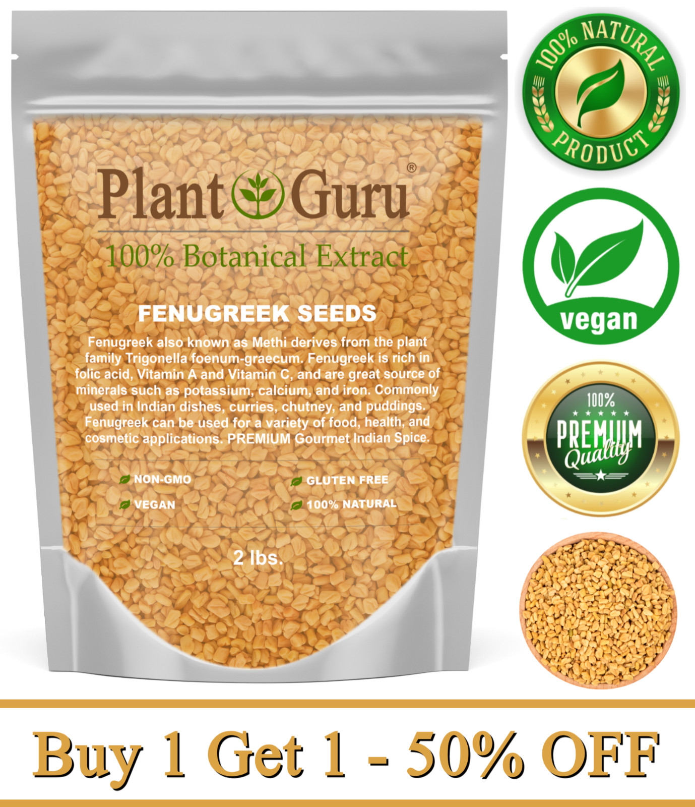 Fenugreek Seeds 2 lbs. Bulk Non-GMO Trigonella Foenum Graecum Whole Methi Seed