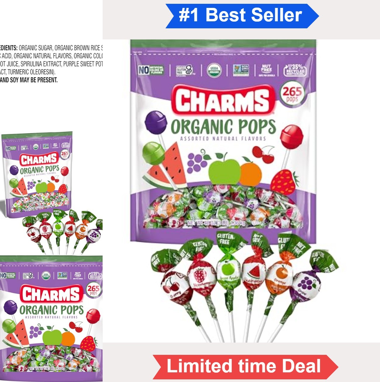 Organic Lollipops 265 Count Bulk Bag Fruit Candy Individually Wrapped Gluten