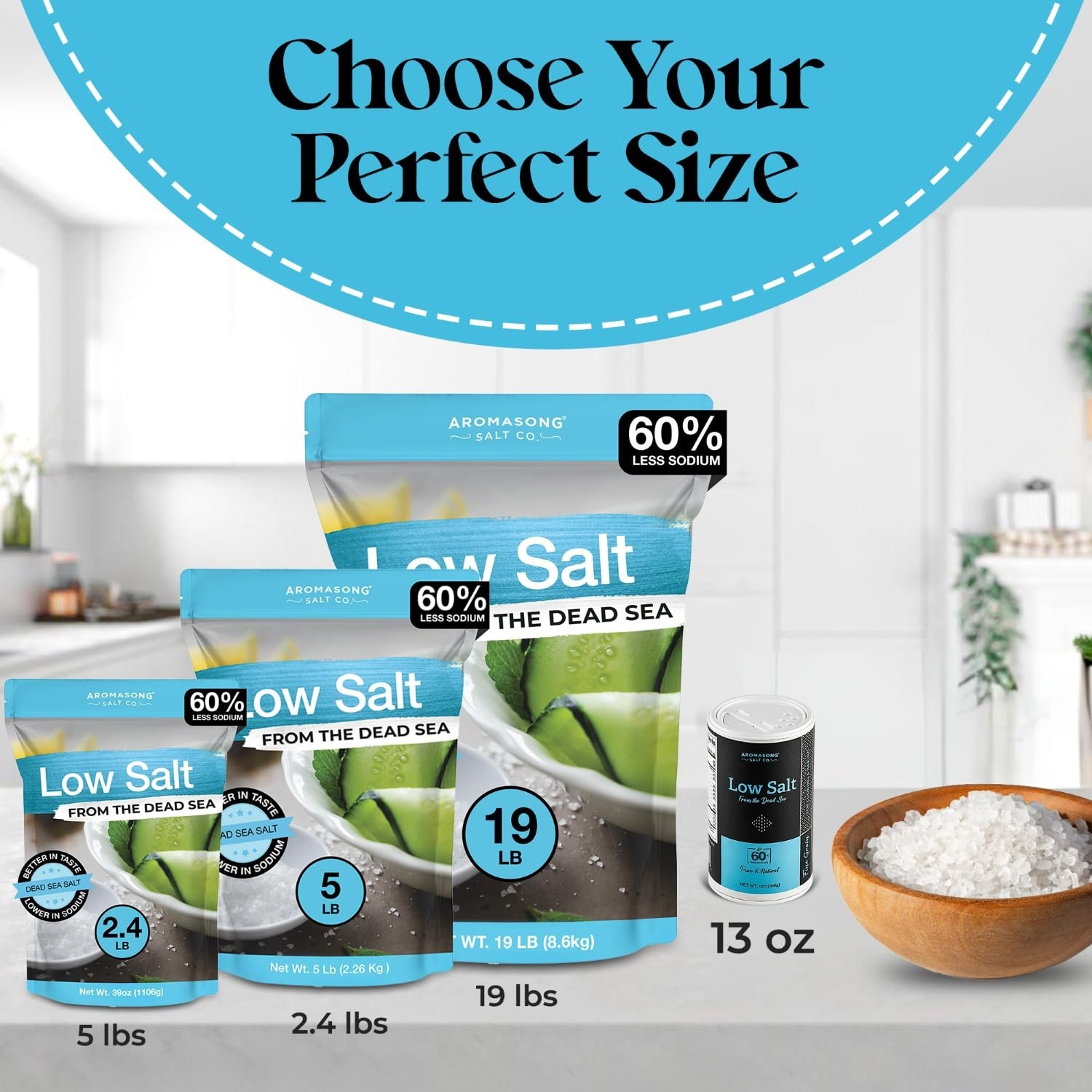 Natural Low Sodium Sea Salt – 100% Kosher, 60% Less Sodium, Bulk 5 Lb Bag