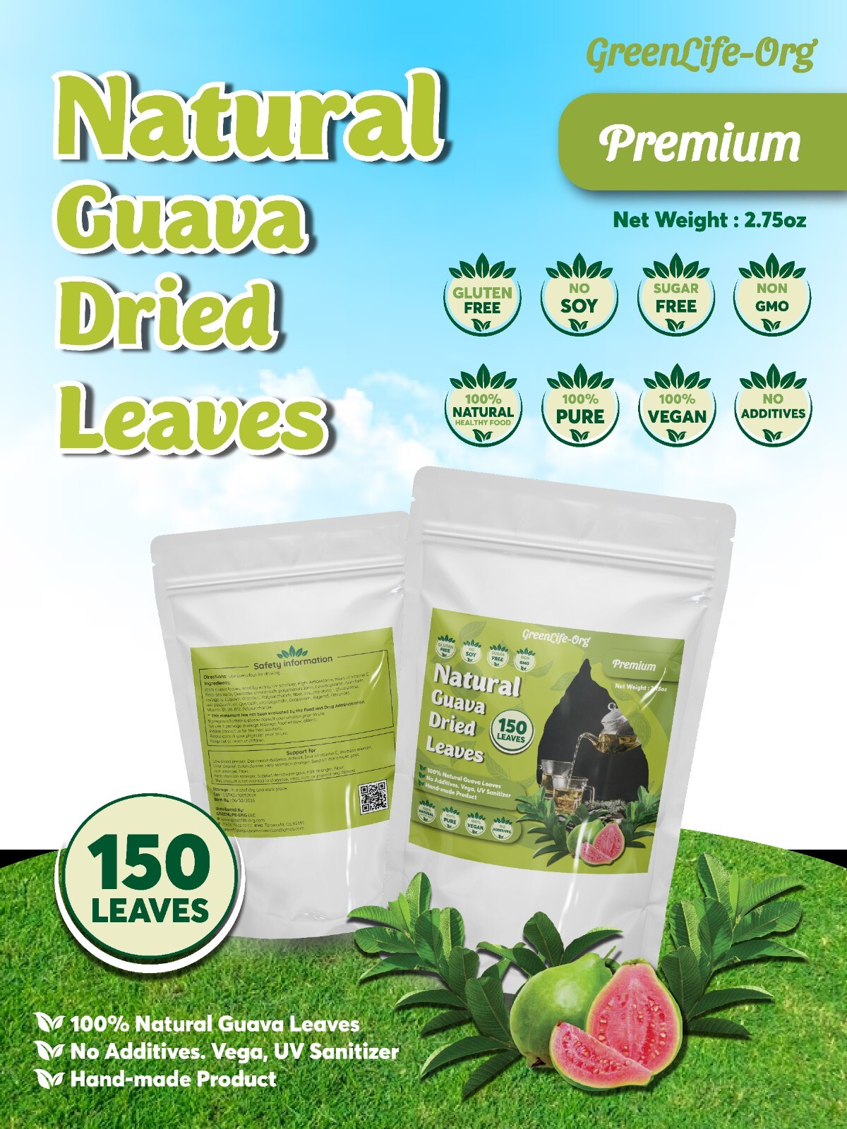 300+ Dried Quava Leaves Tea, Organic, Premium Quality, Sunny Dry, 5.5oz.