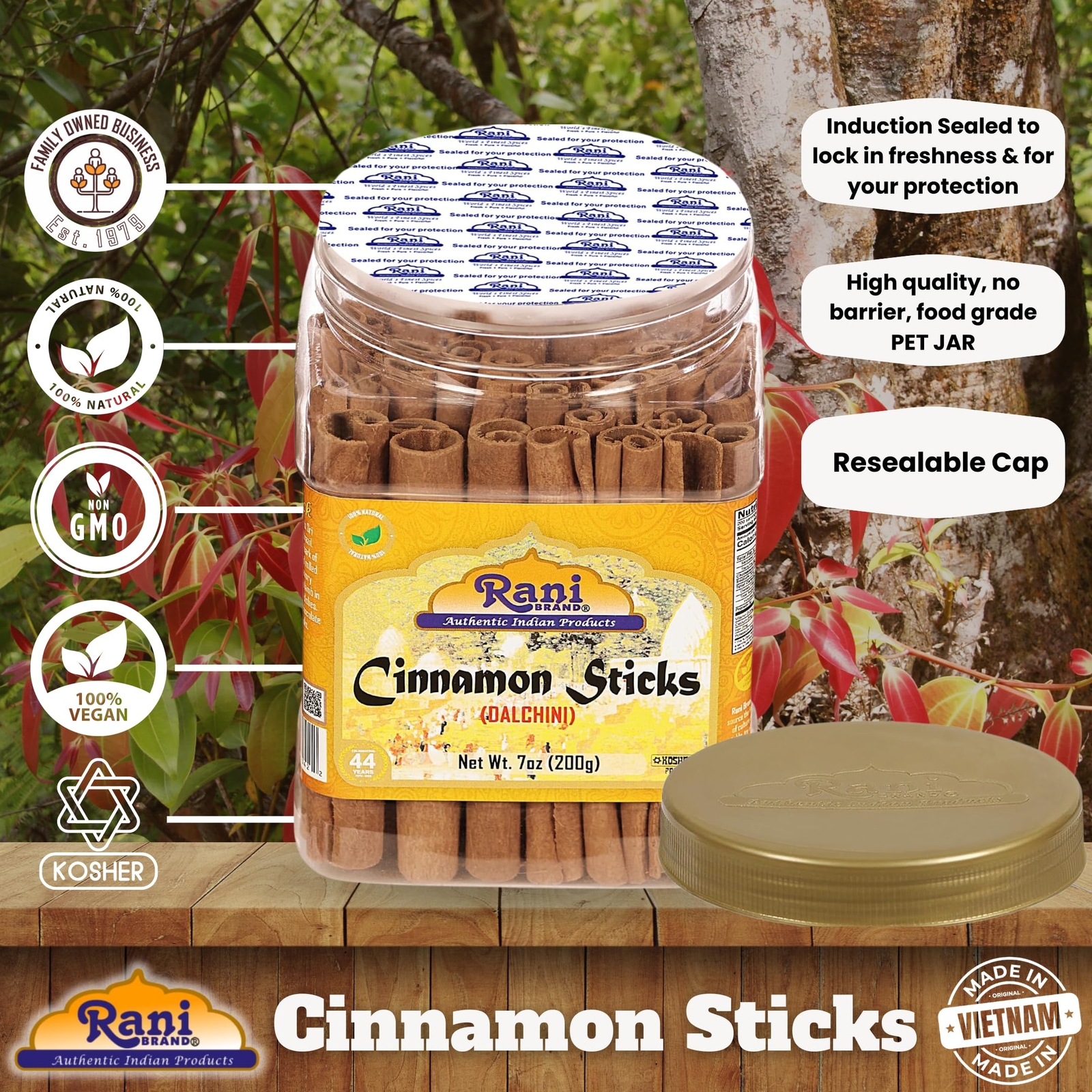 Rani Cinnamon Sticks 7oz (200g) ~ 36-44 Sticks, 3 Inches in Length PET Jar
