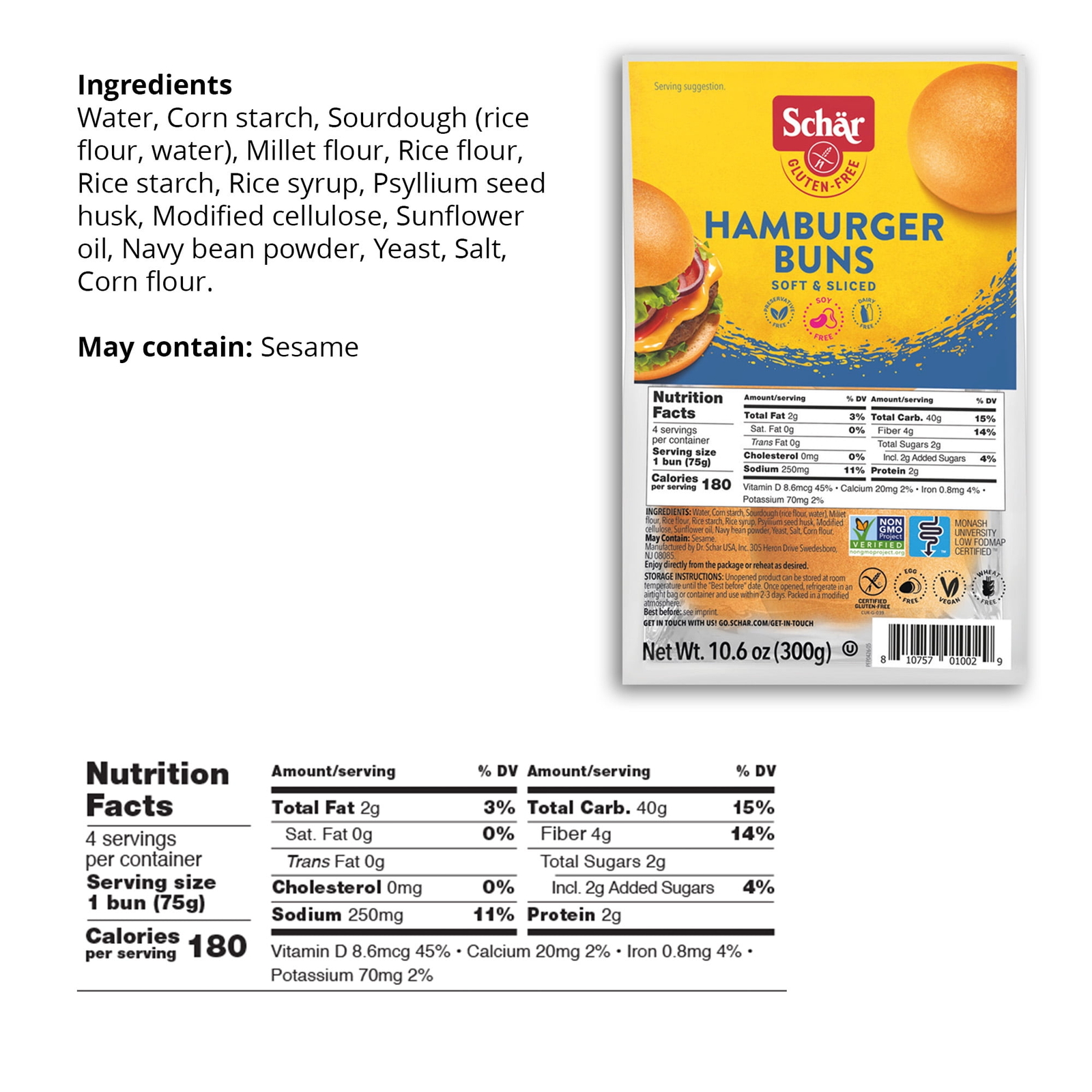 4 Count,Schar Gluten Free Hamburger Buns, 10.6 oz