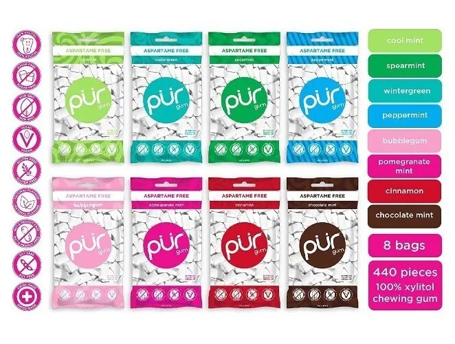 PUR Xylitol Chewing Gum 8 Flavor Variety (55 Pieces, 8 Pack) Sugarless Vegan