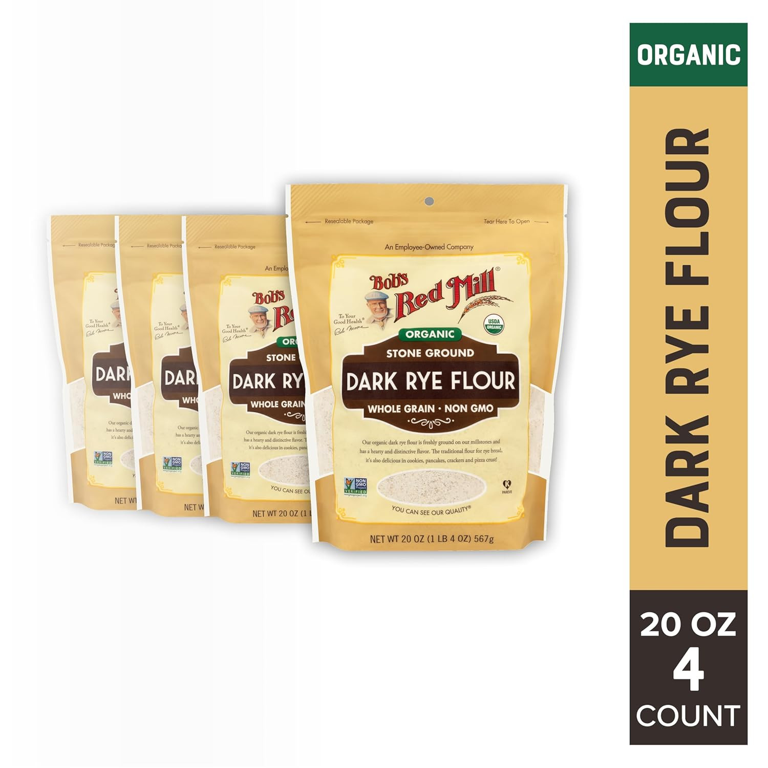 Organic Dark Rye Flour, 20Oz (Pack of 4) – Organic, Non GMO, Whole Grain, Vegan,