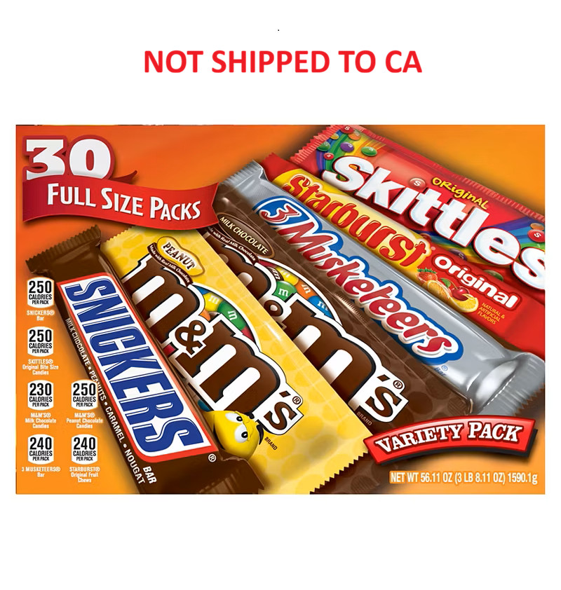 Christmas Candy Bars Full Size 30 Ct M&M’s Snickers Skittles Starburst Variety