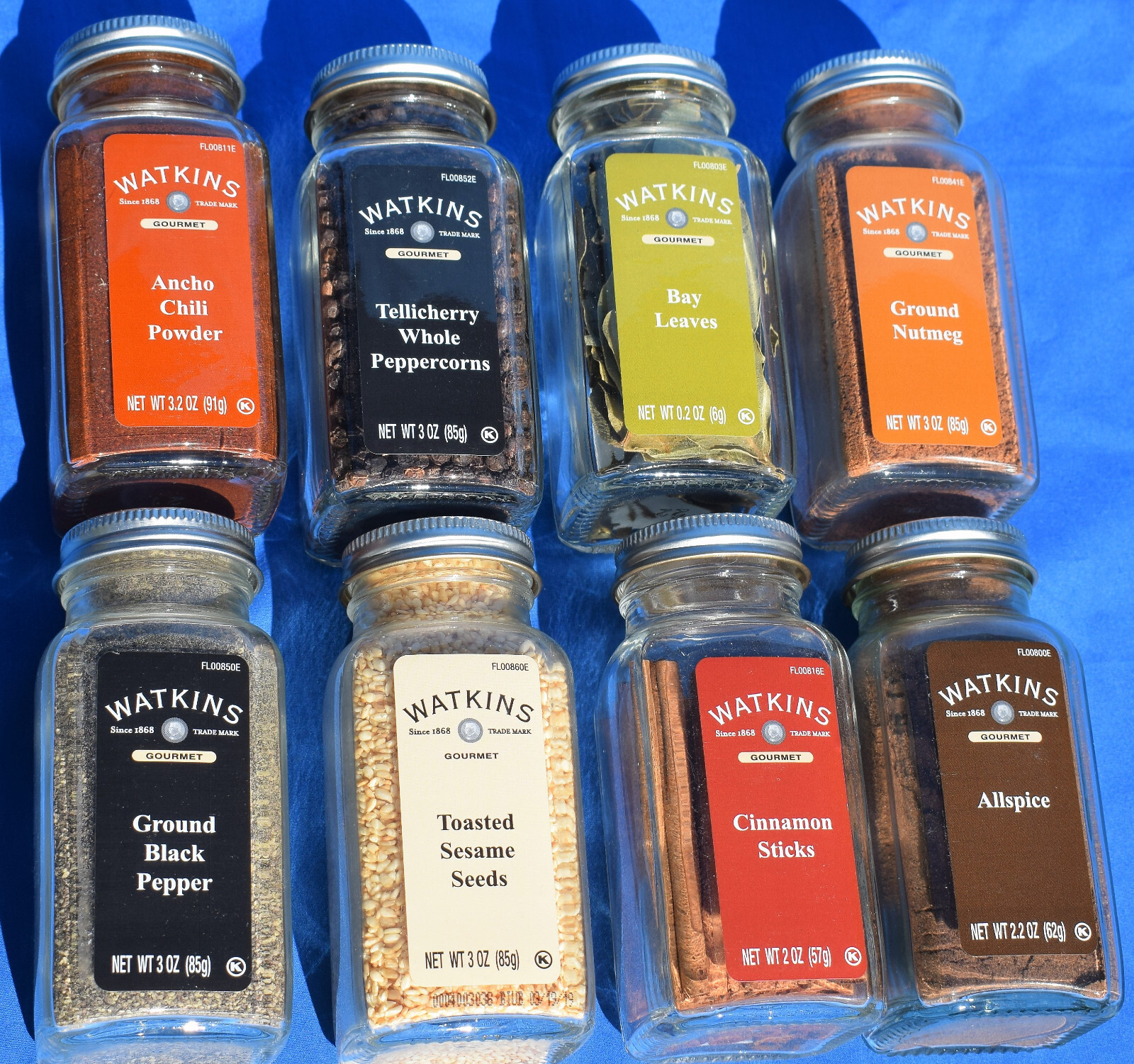 Square Glass Bottles Watkins Spices, Pepper, Cinnamon, Seasame, Nut-Sealed NOS