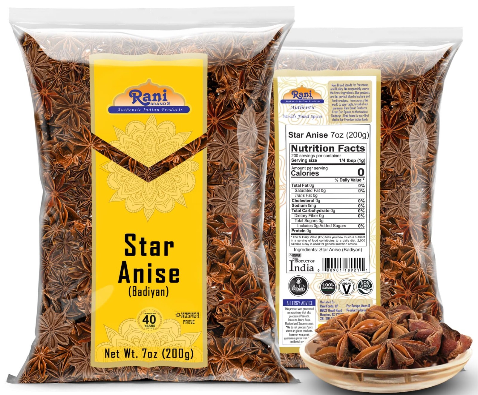 Rani Star Anise Seeds, Whole Pods (Badian Khatai) Spice 7oz (200g)