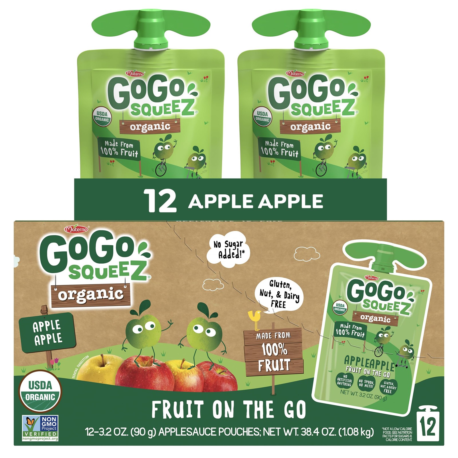 GoGo squeeZ No Sugar Added Organic Applesauce and Fruit 3.2 oz (Pack of 12)