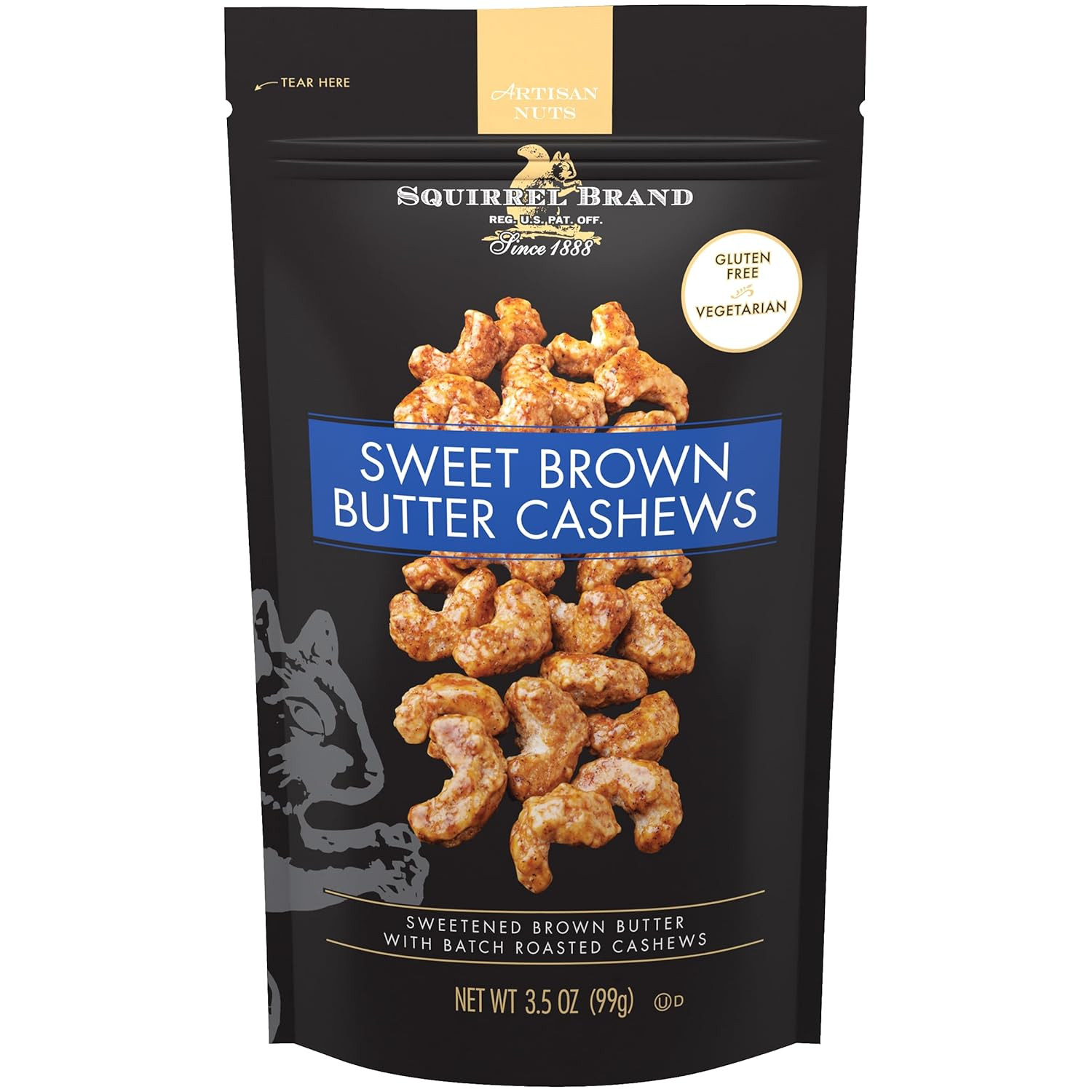 Squirrel Brand Sweet Brown Butter Cashews, 3.5 Ounces Resealable Bag, Gluten Fre