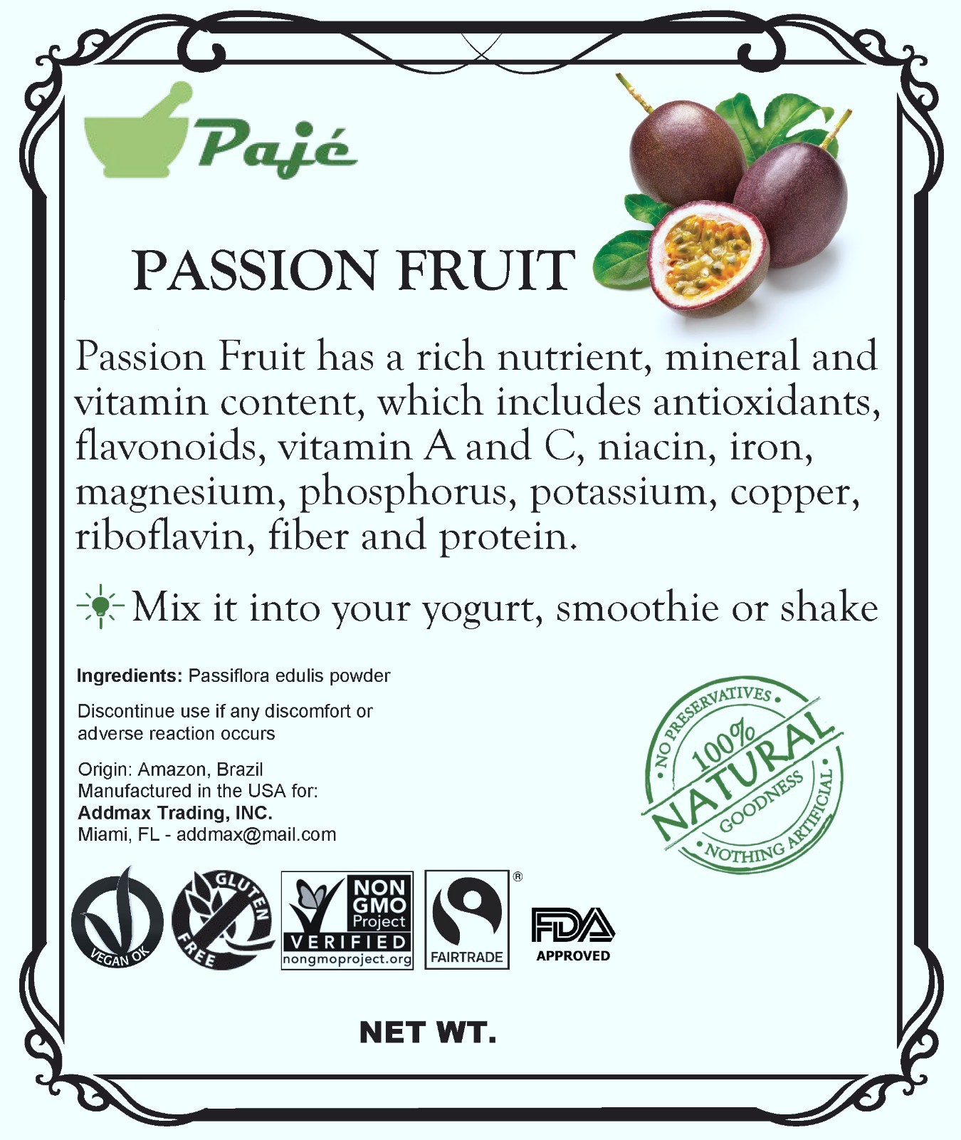 Passion fruit powder 32oz 2lb PAJE – NICE FLAVOR calm nerves / hyperactivity