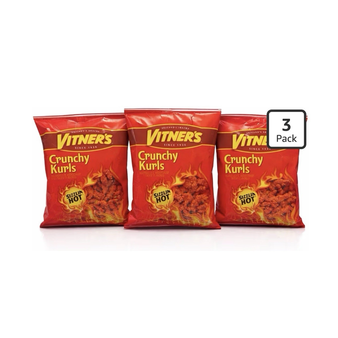 Vitner’s Crunchy Kurls Sizzlin’ Hot Cheese Puffed Snack 3 Pack ,8.75 Oz bags