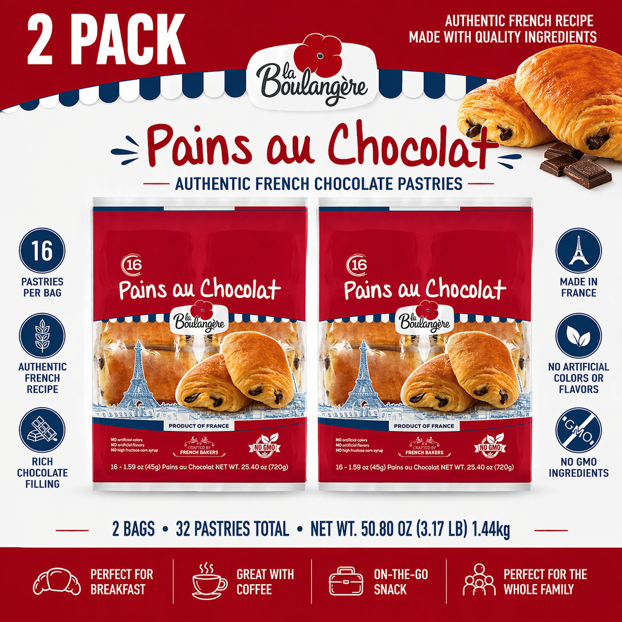 2-Pack La Boulangere Pains au Chocolat Croissants, 16 ct