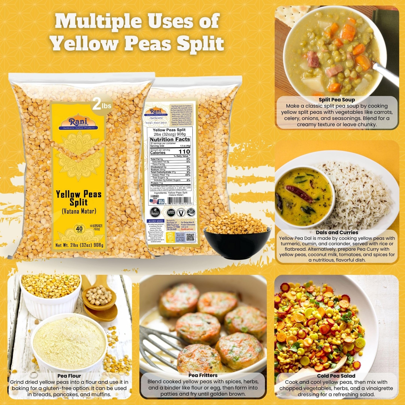 Rani Yellow Peas Split, Dried (Vatana, Matar) 32oz (2lbs) 907g