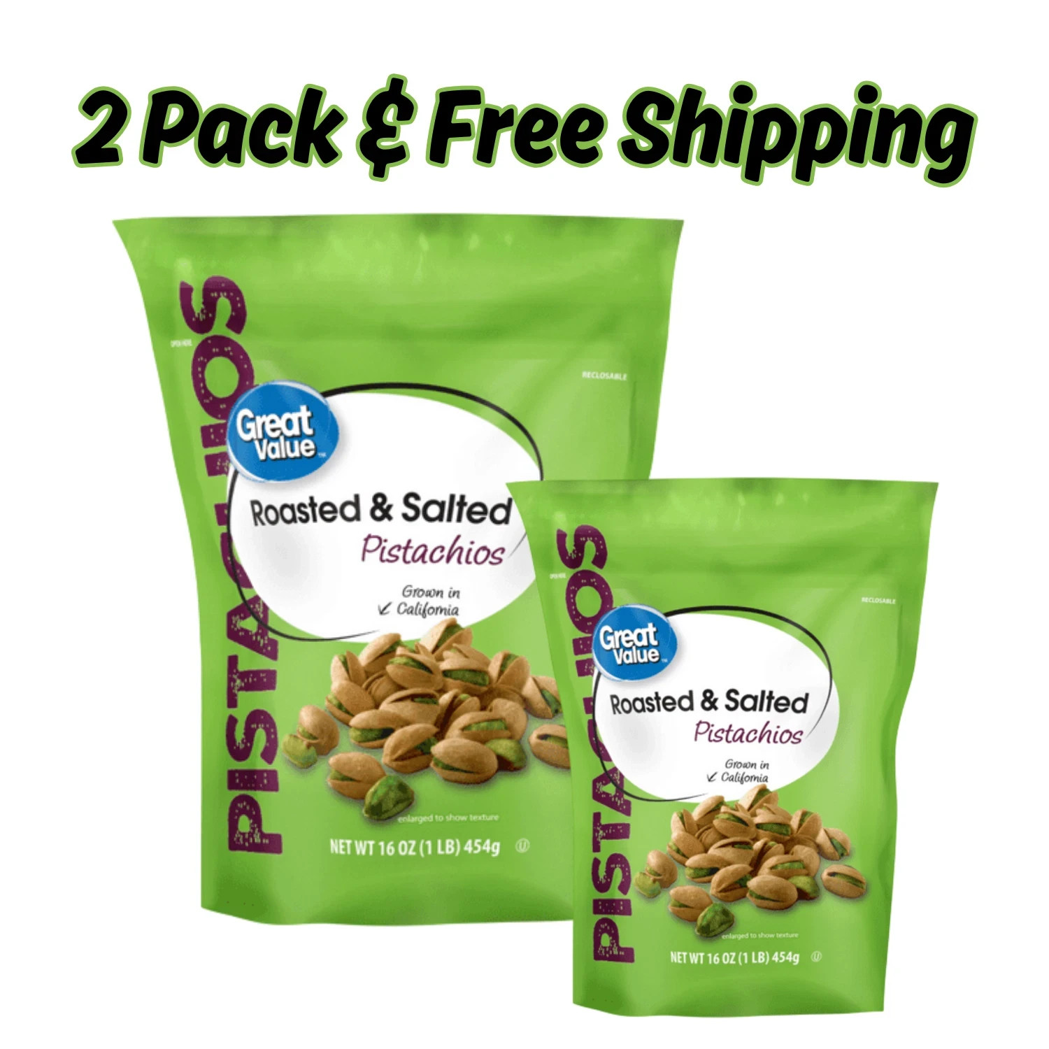 Great Value Roasted & Salted Pistachios, 16 oz Resealable Bag Pack of 2