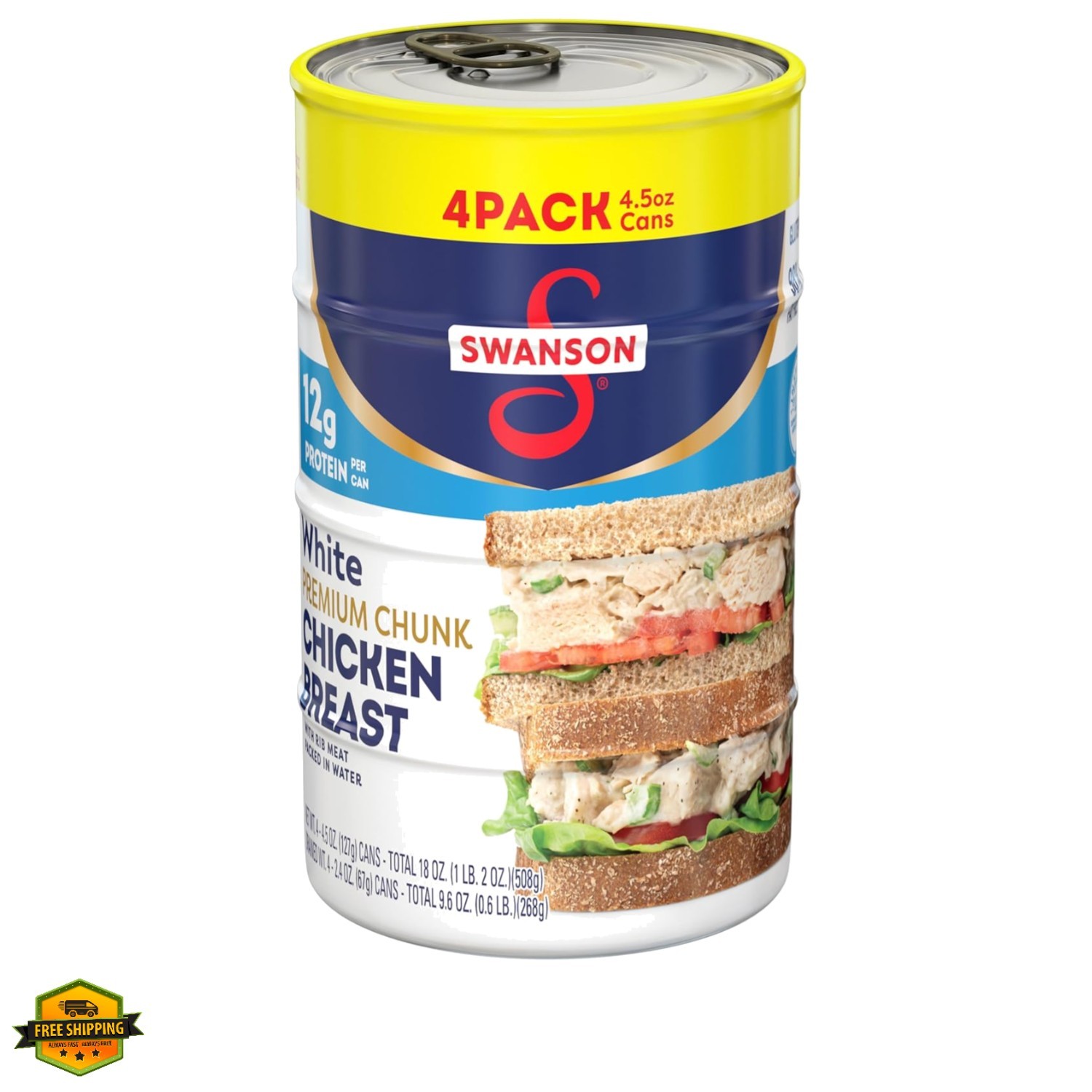 Swanson White Chunk Chicken Breast with Rib Meat in Water, 4.5 oz. Pack of 4