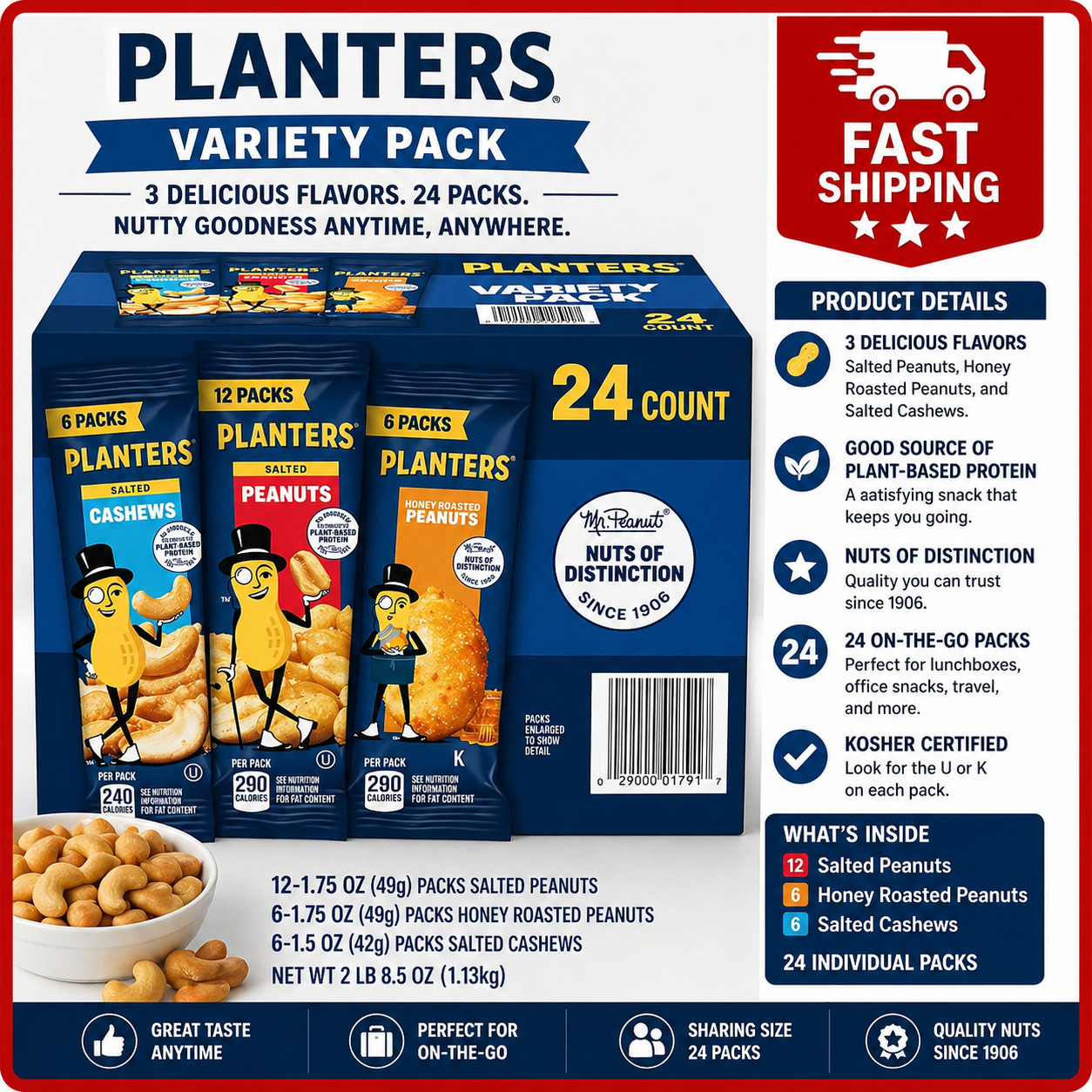 Planters Variety Pack Cashews & Peanuts, 24 pk. 40.5 oz. Premium, Kosher, BEST