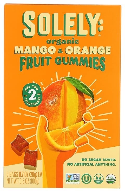 SOLELY Organic Mango & Orange Fruit Gummies – 5 Single Serving Bags