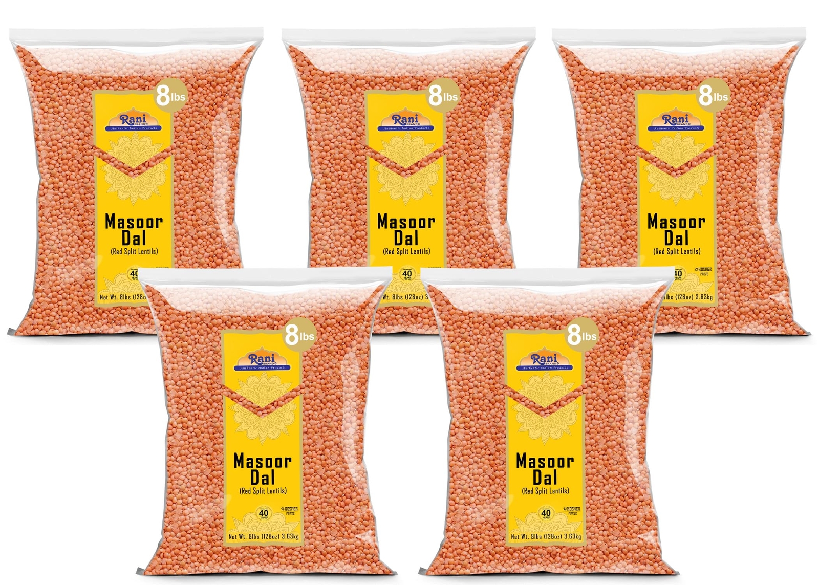 Rani Masoor Dal (Indian Split Red Lentils) Split Gram 8lbs (40lbs) Pack of 5