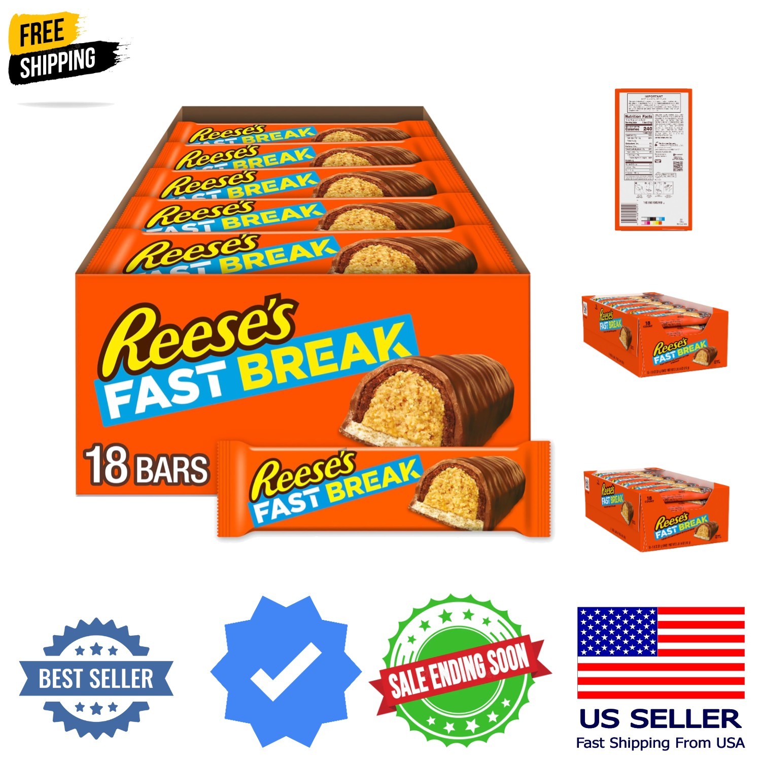 FAST BREAK Peanut Butter Nougat Candy Bars, 1.8 oz Pack of 18
