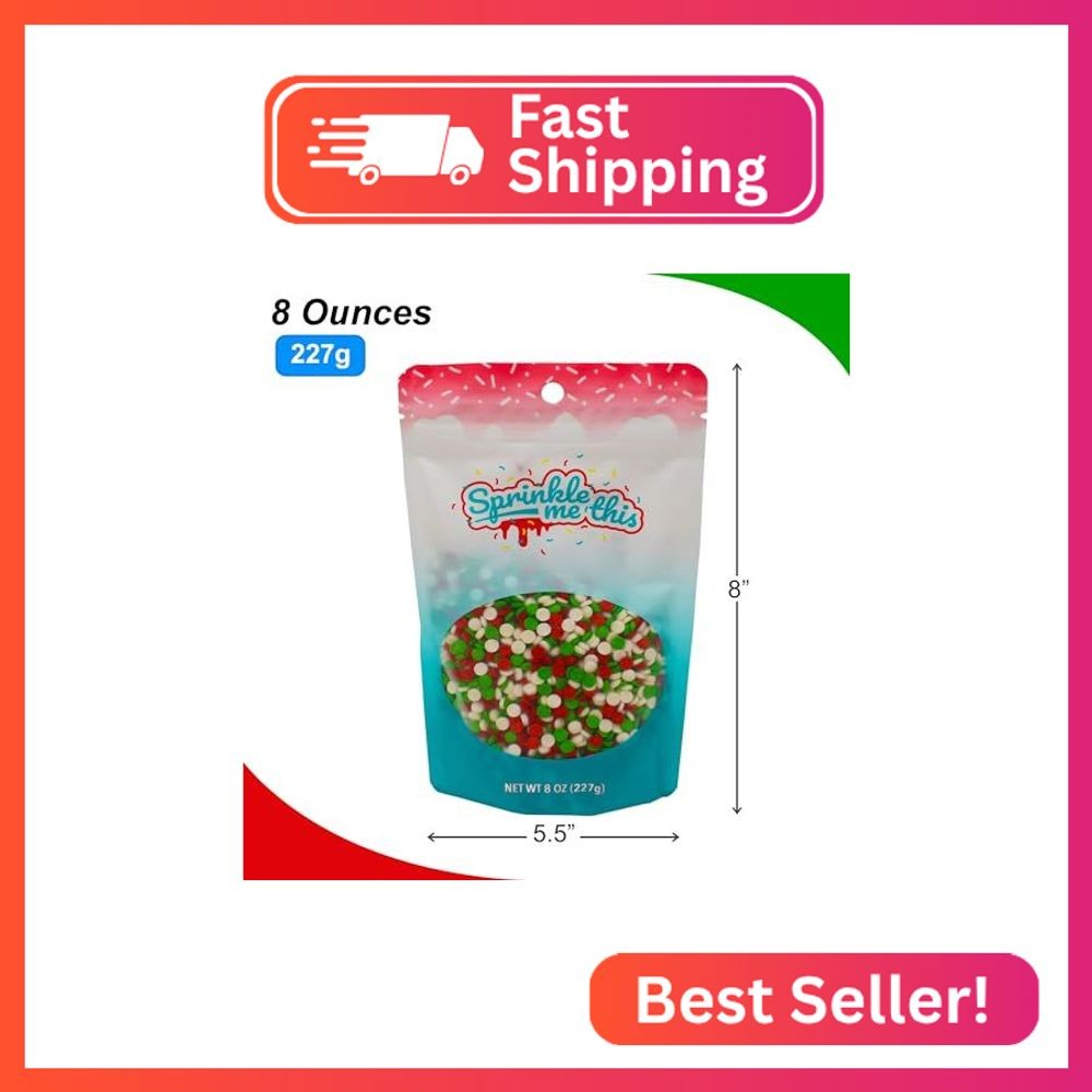 Confetti Christmas Sprinkles – 8 oz Resealable Stand Up Candy Bag – Christmas Th