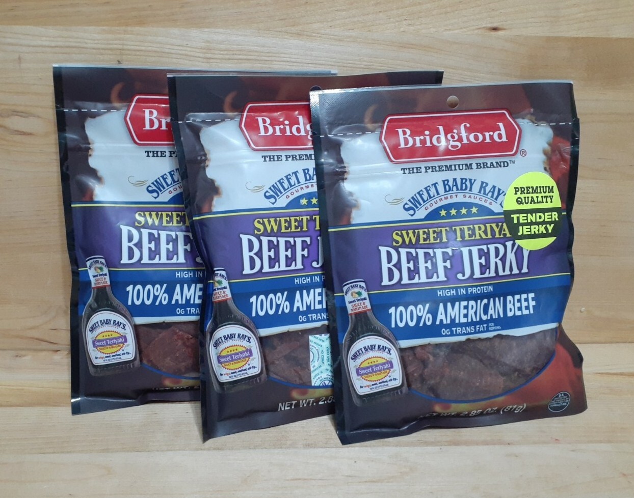 3 BAGS: Bridgford Sweet Baby Rays Sweet Teriyaki 100% Beef Jerky 2.85oz 0 fat