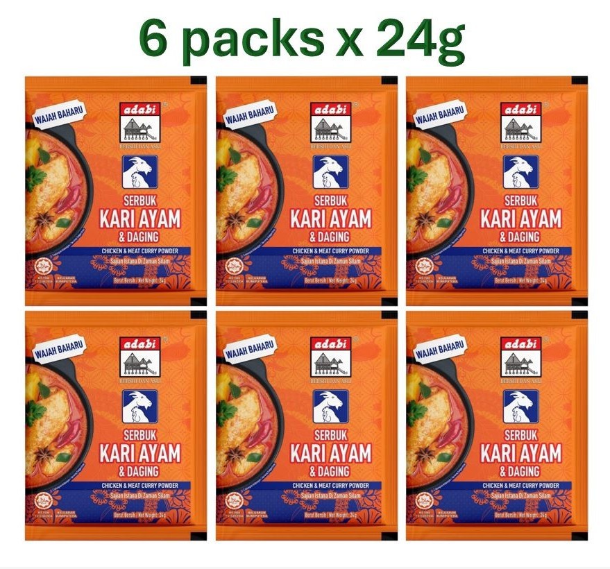 6 x 24g ADABI Chicken & Meat Curry Powder – Authentic Malaysian Curry Blend