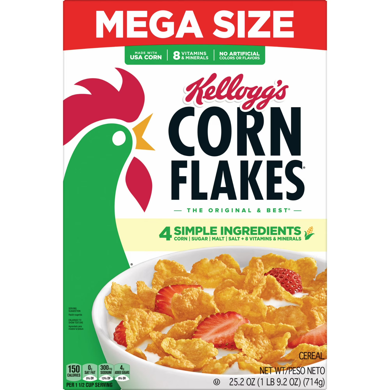 Kellogg’s Corn Flakes Breakfast Cereal, 8 Vitamins and Minerals, Mega Size, 25.2