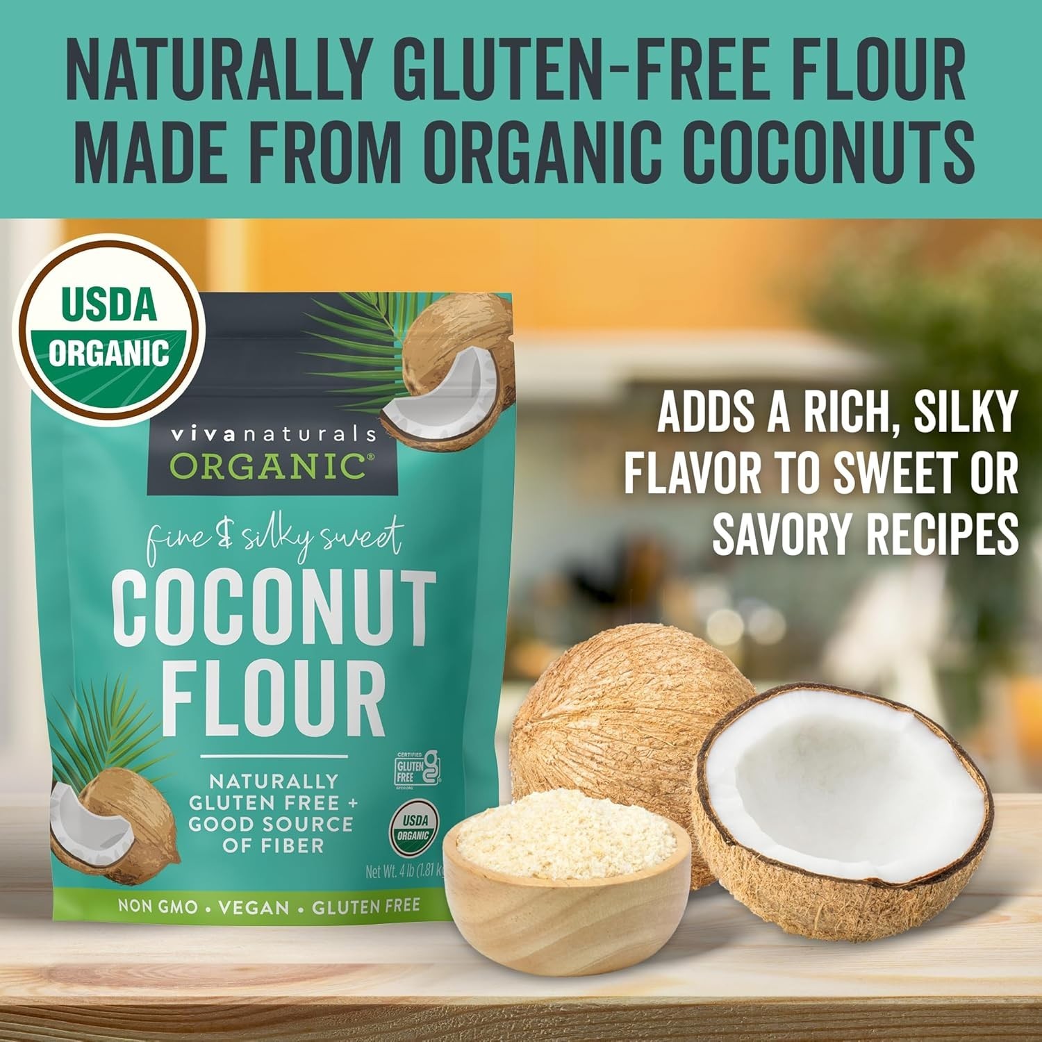 Viva Naturals Organic Coconut Flour, 4 lbs (1.81 kg) – Gluten Free Flour for Ket