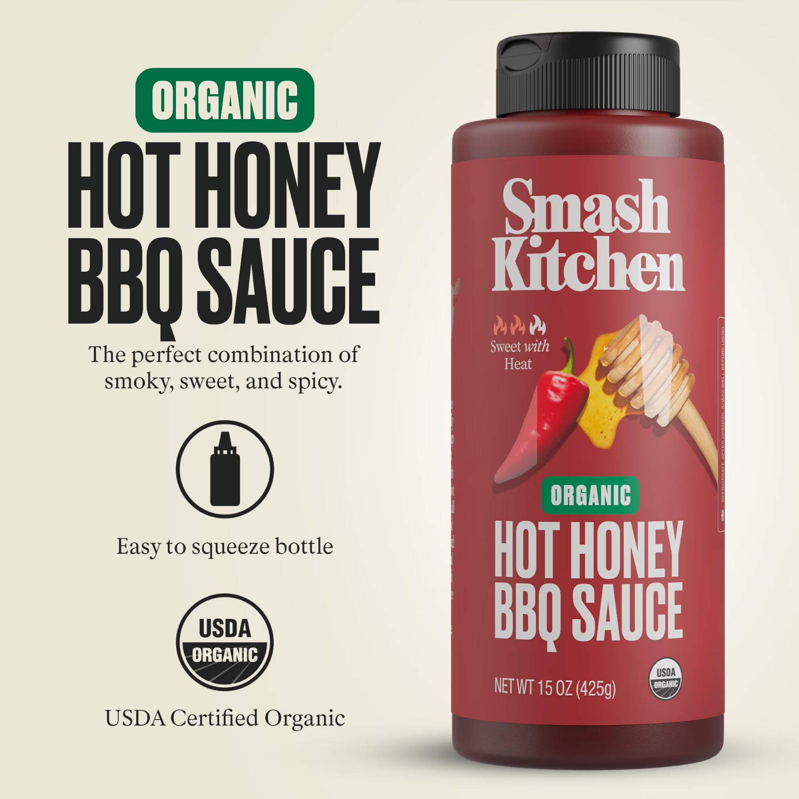 Pack of 3 Organic Hot Honey BBQ Sauce, Sweet & Spicy Sauce, 15 oz Bottle……