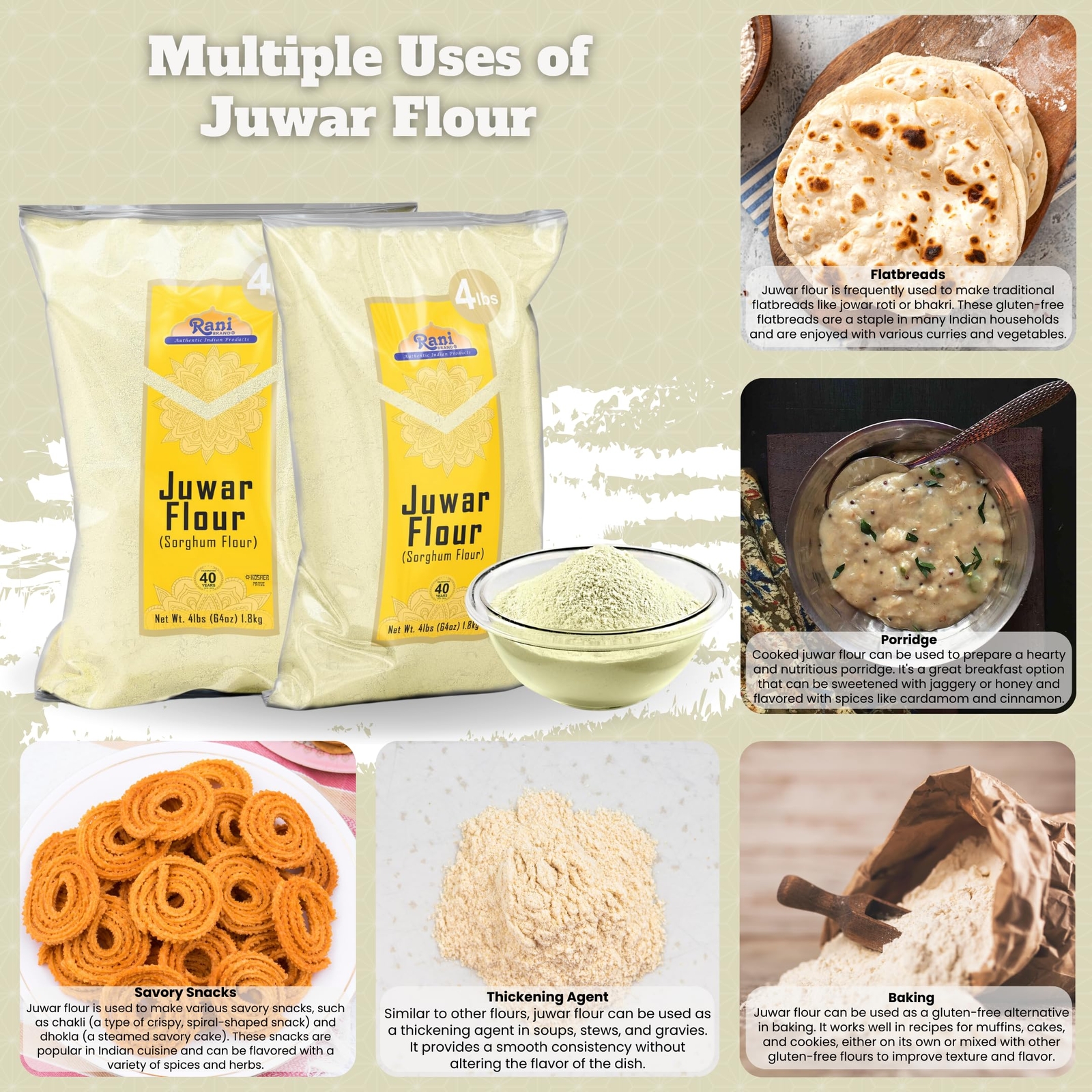 Rani Juwar (Sorghum) Flour 4lb (64oz) 4 Pound Bulk