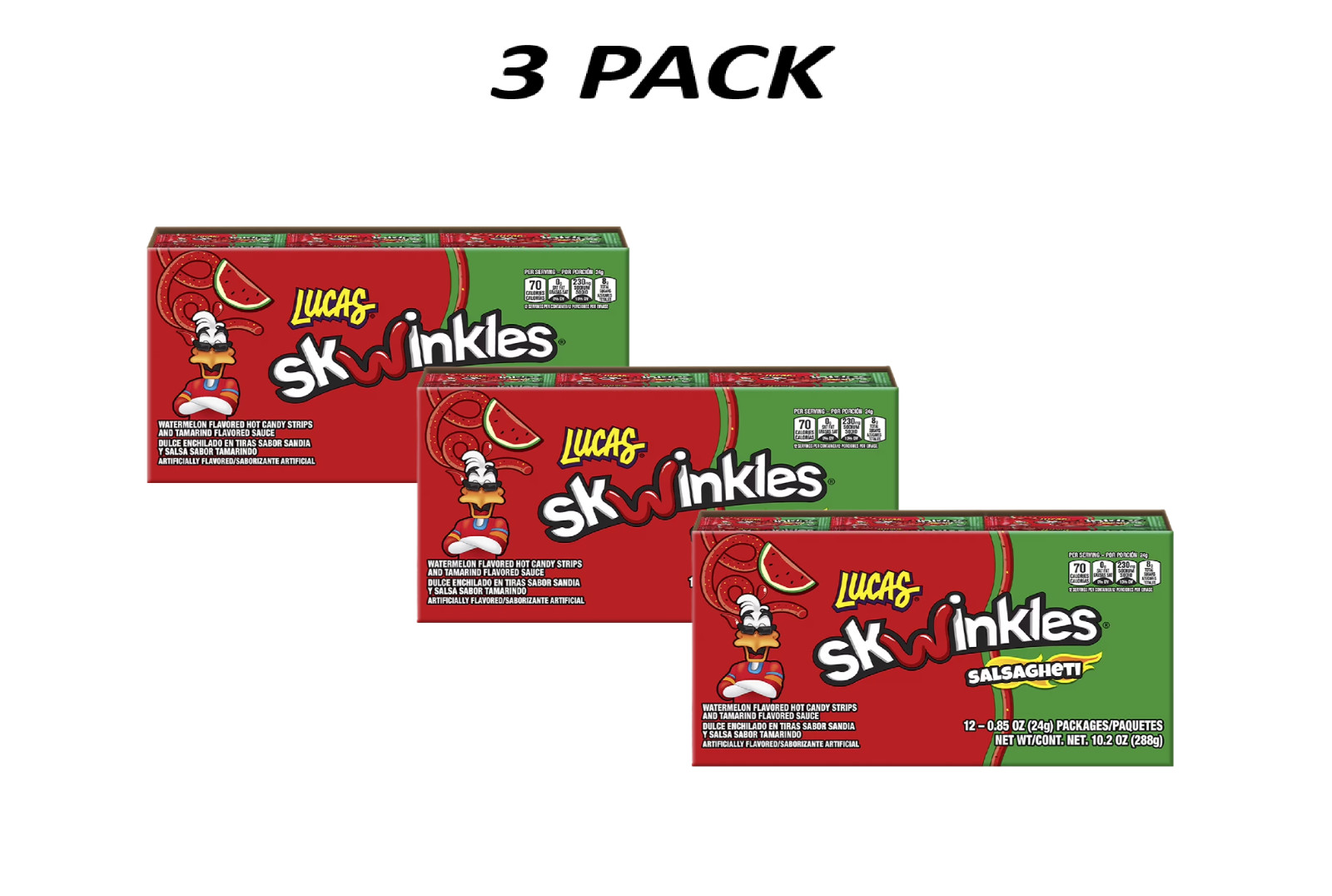 (3 Pack) Lucas Skwinkles Salsagheti Watermelon 0.85 oz 12 Count Candy.