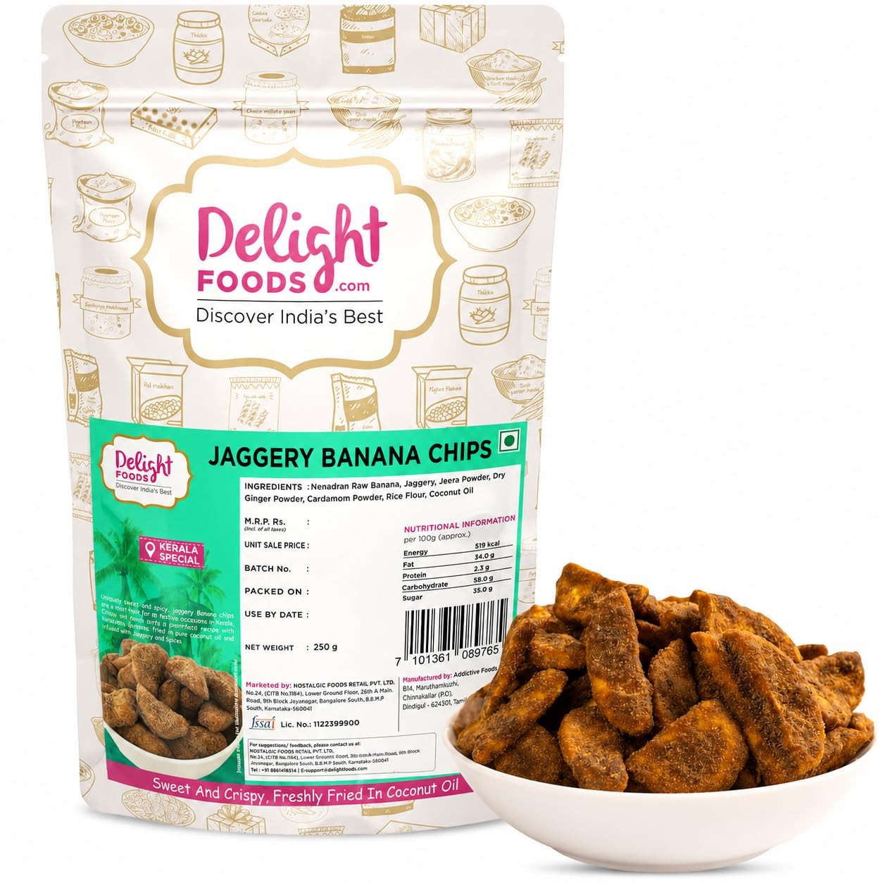Delight Foods Kerala Jaggery Banana Chips Coconut Oil 250g
