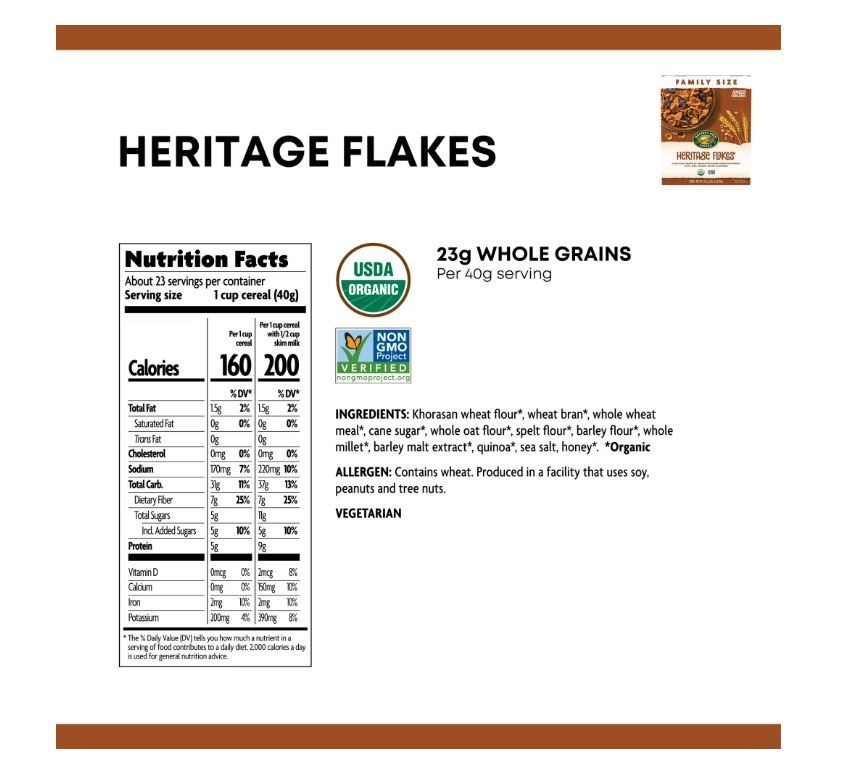 Nature’s Path Organic Breakfast Cereal, Heritage Flakes, 33.5oz Box.
