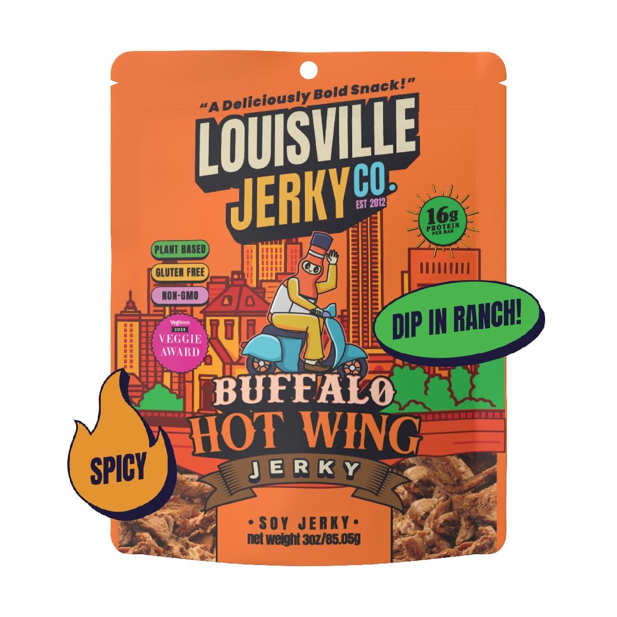 Vegan Jerky Buffalo Hot Wing 18 Grams Non-GMO Soy Protein Gluten-Free