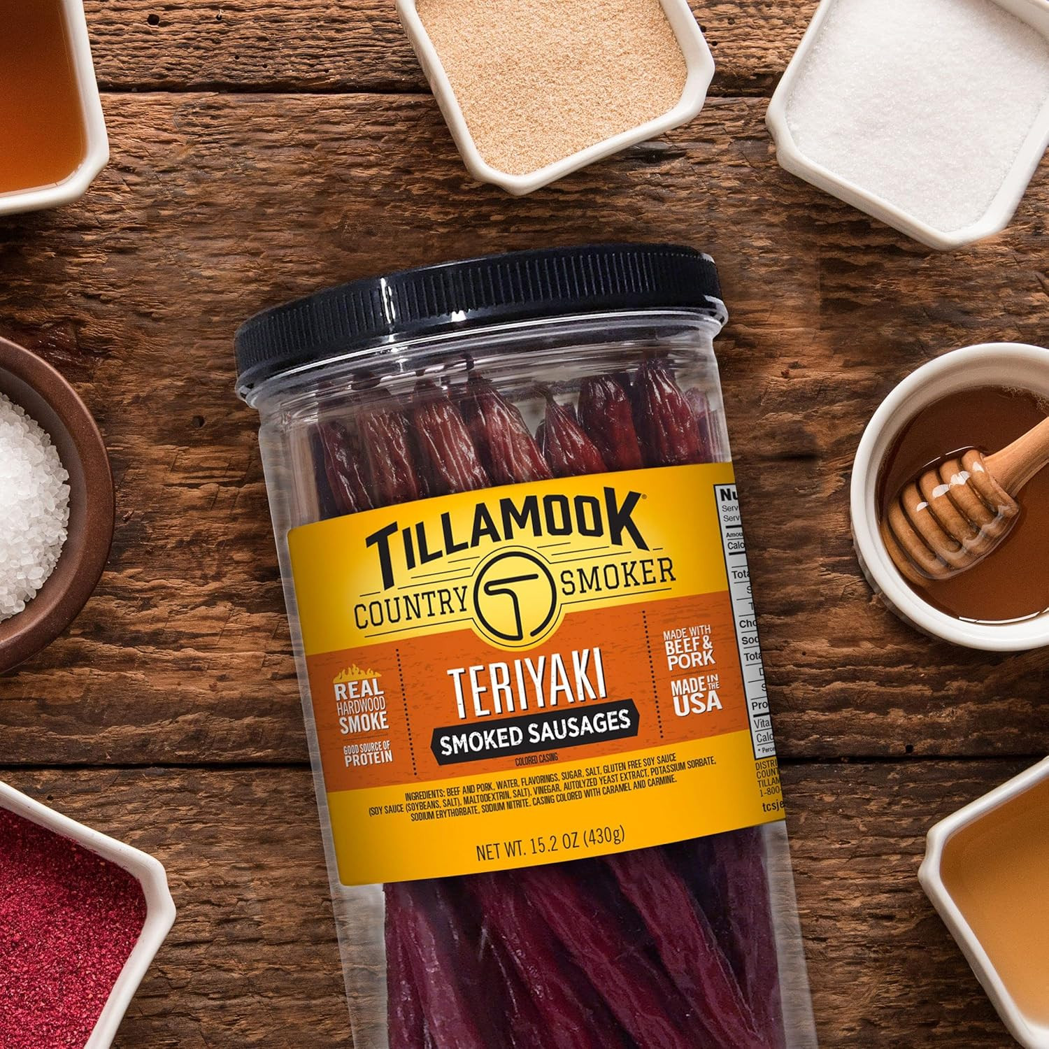 Real Hardwood Smoked Sausages, Teriyaki, 15.2 Ounce Tall Jar, 20 Count