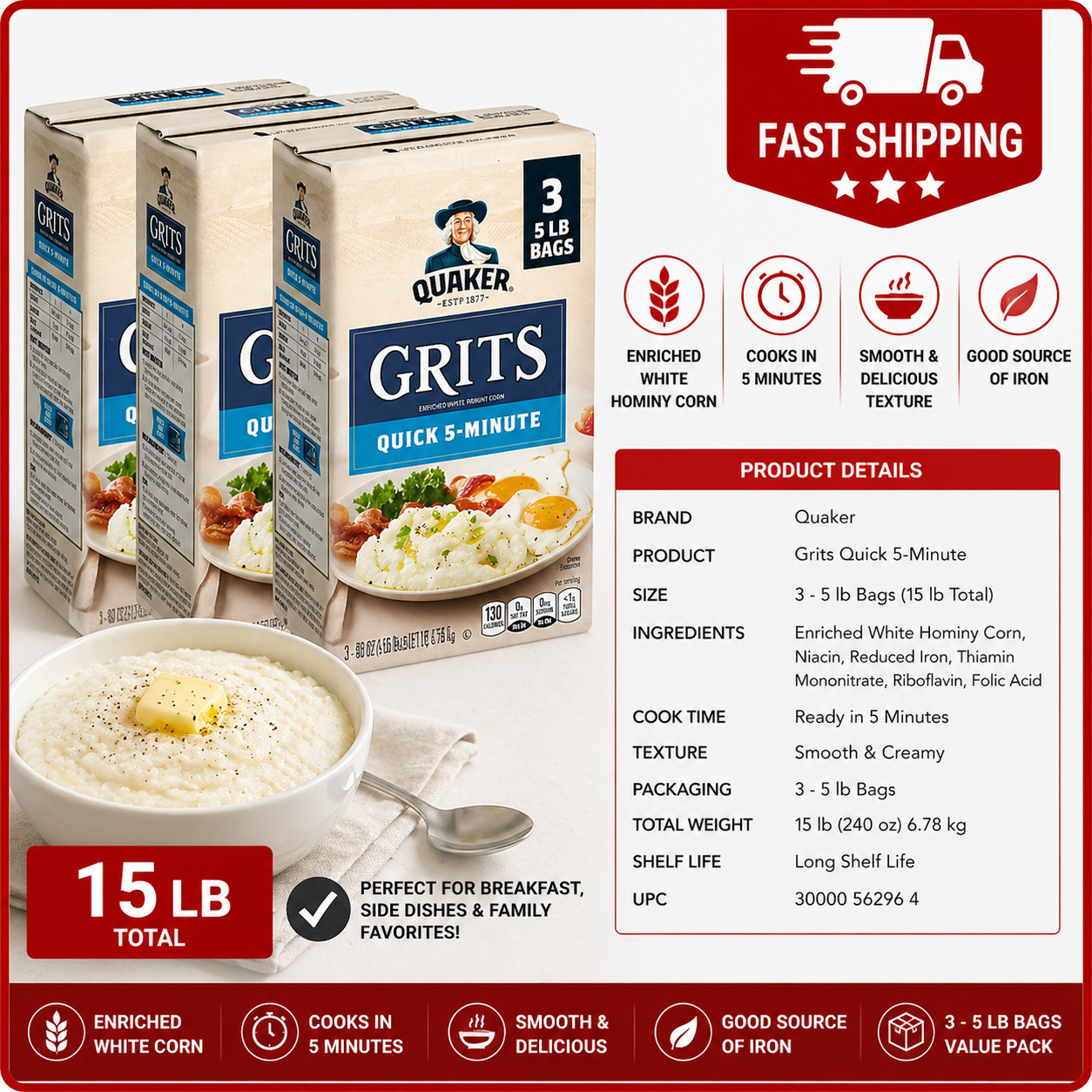 Quaker Quick 5-Minute Grits 5 lb. 3 pk – Great Price