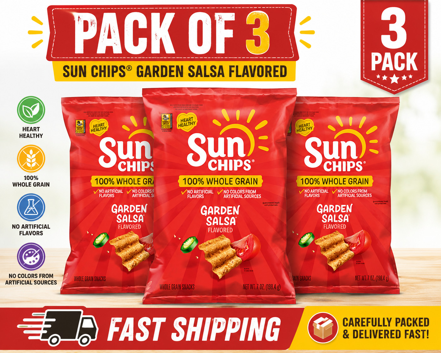 SunChips 100% Whole Grain Garden Salsa Snack Chips 7 oz 3 Pack